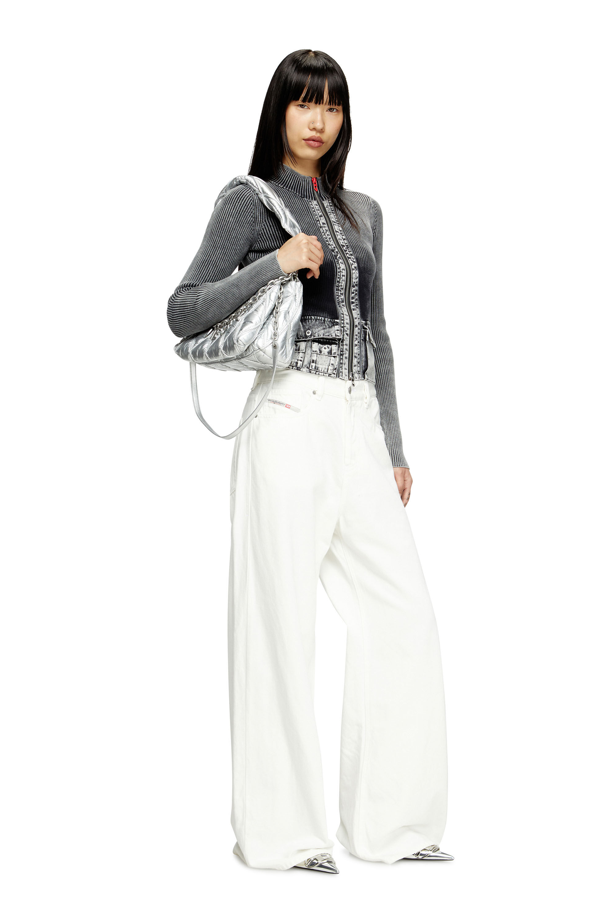 Diesel - CHARM-D SHOULDER M, Female's Charm-D M-Shoulder bag in quilted metallic nylon in Silver - 6