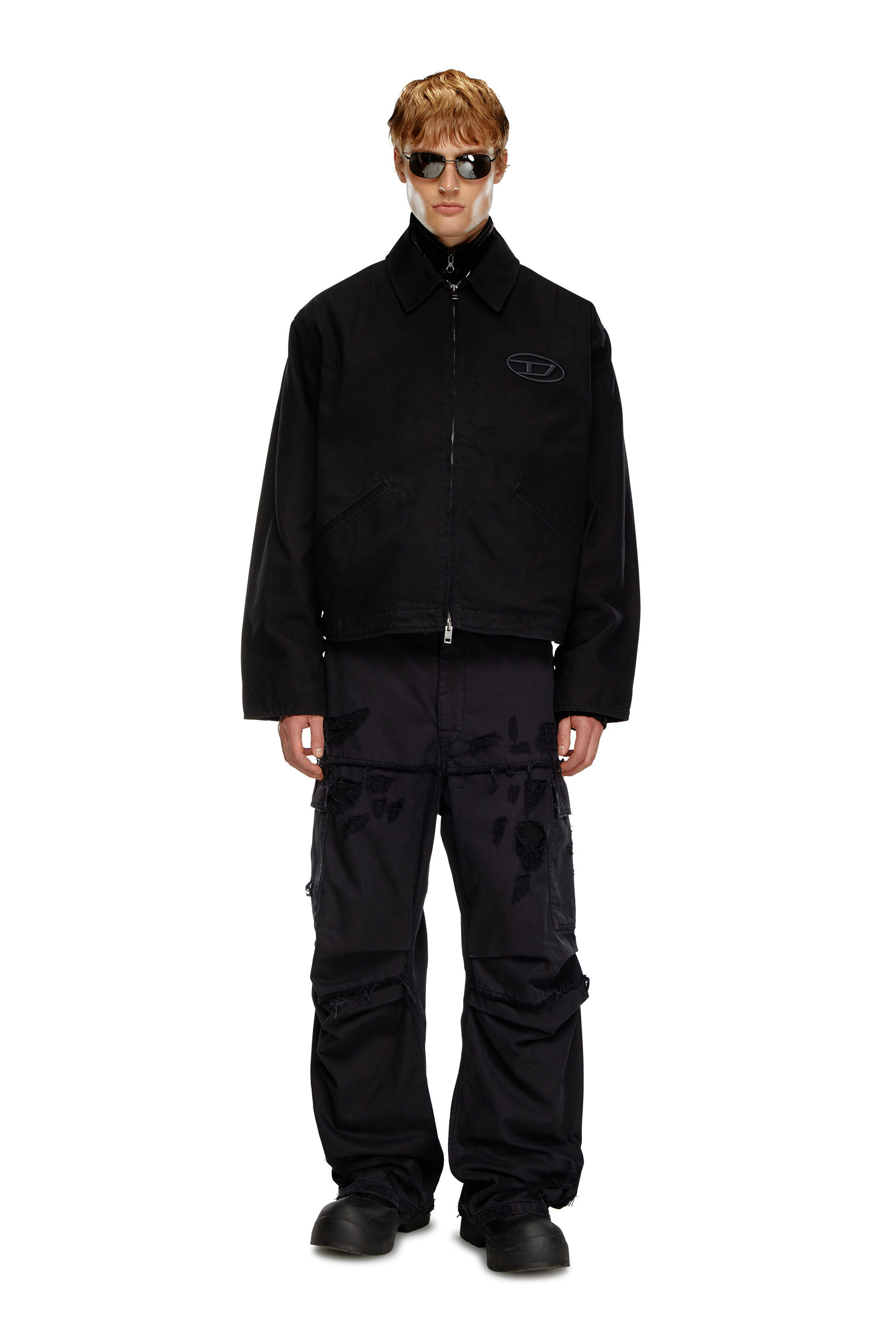 Men s Denim blouson jacket with bleached logo Black Diesel