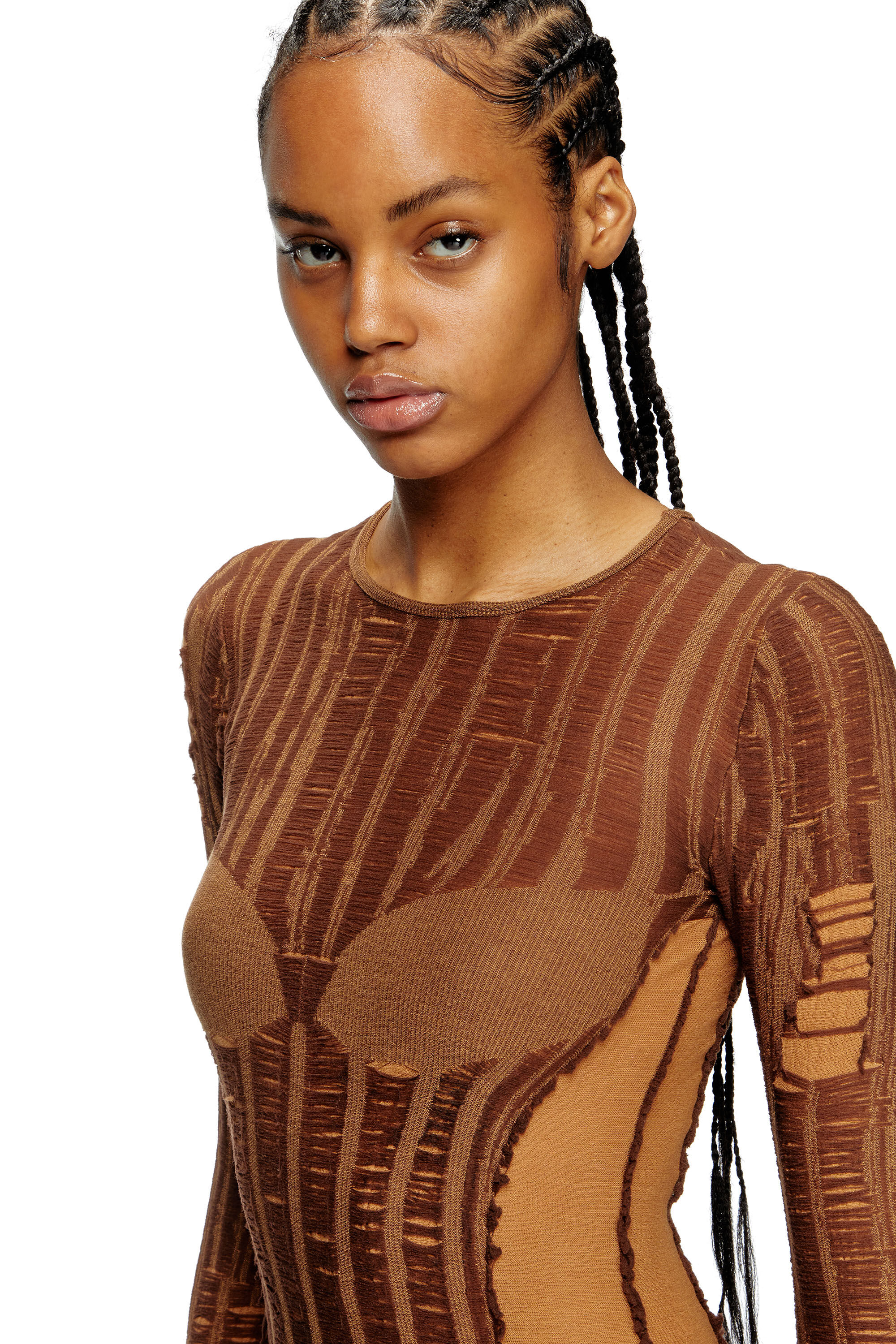 Diesel - M-CALIMERA, Female's Maxi dress in distressed second-skin knit in Brown - 4