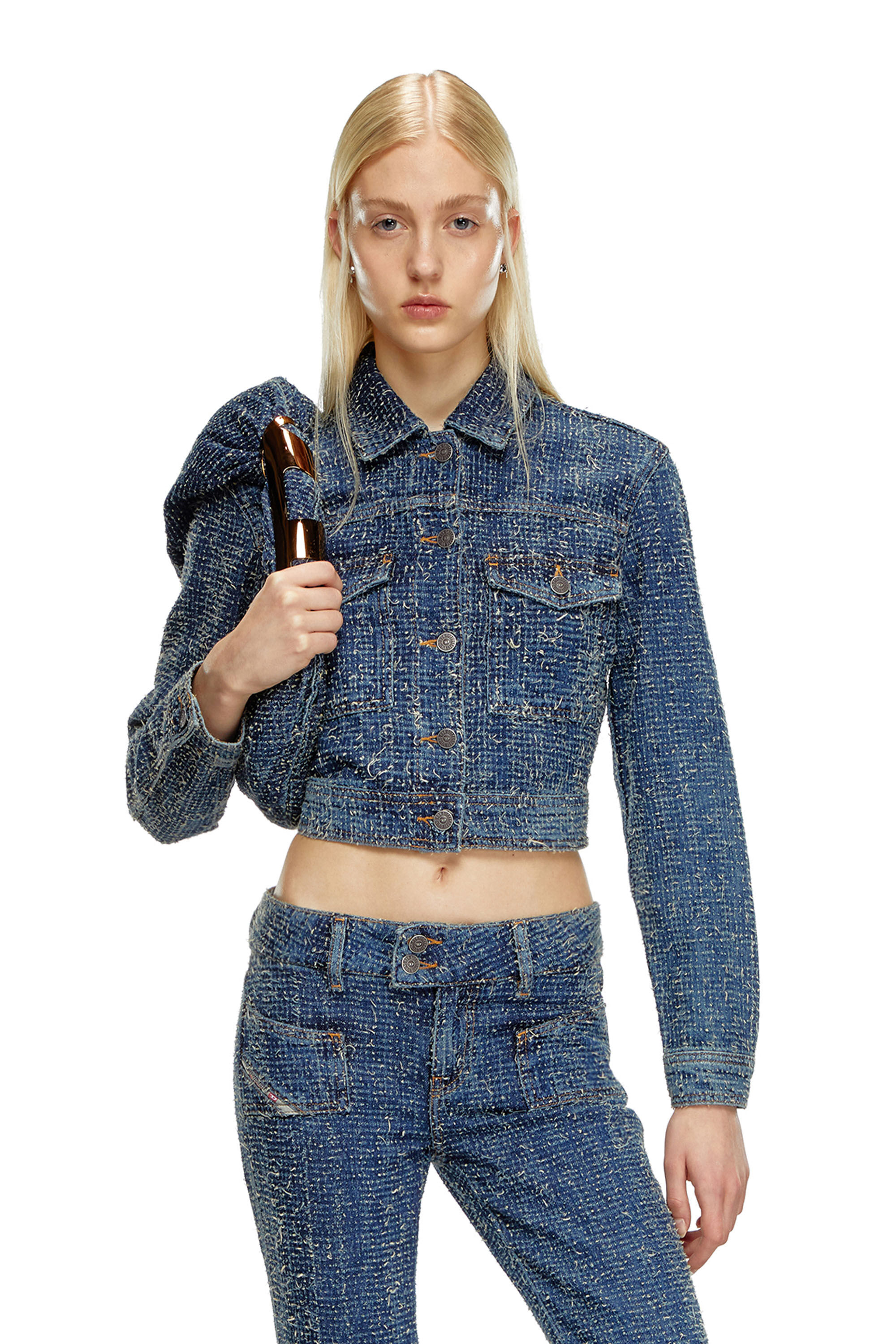 Diesel - DE-ATEL-S, Veste crop en denim bouclé Femme in Bleu - 3