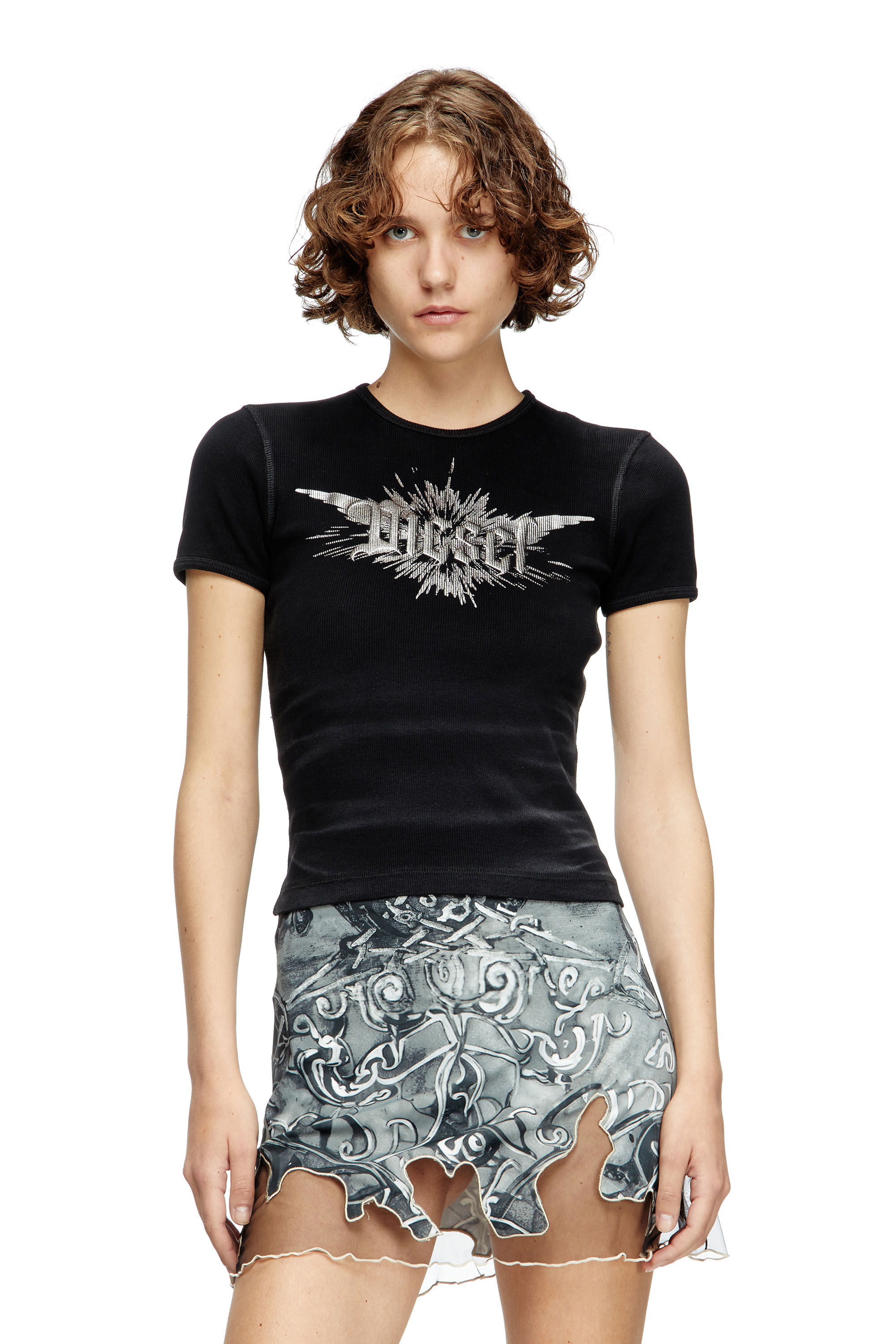 Diesel - T-ELE-LONG-P2, Female's T-shirt with winged Diesel foil print in Black - 3