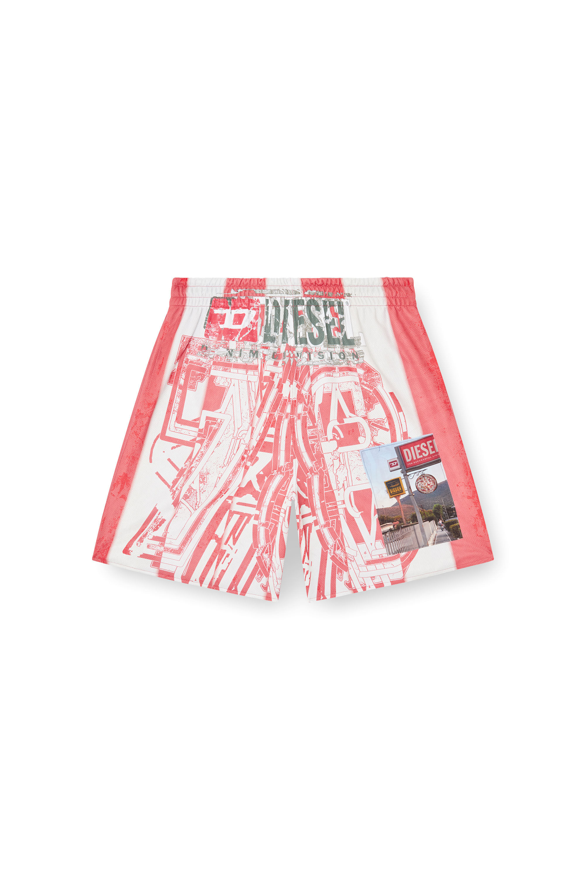 Diesel - P-KURT, Male's Striped shorts with photo patches in Red/White - 2
