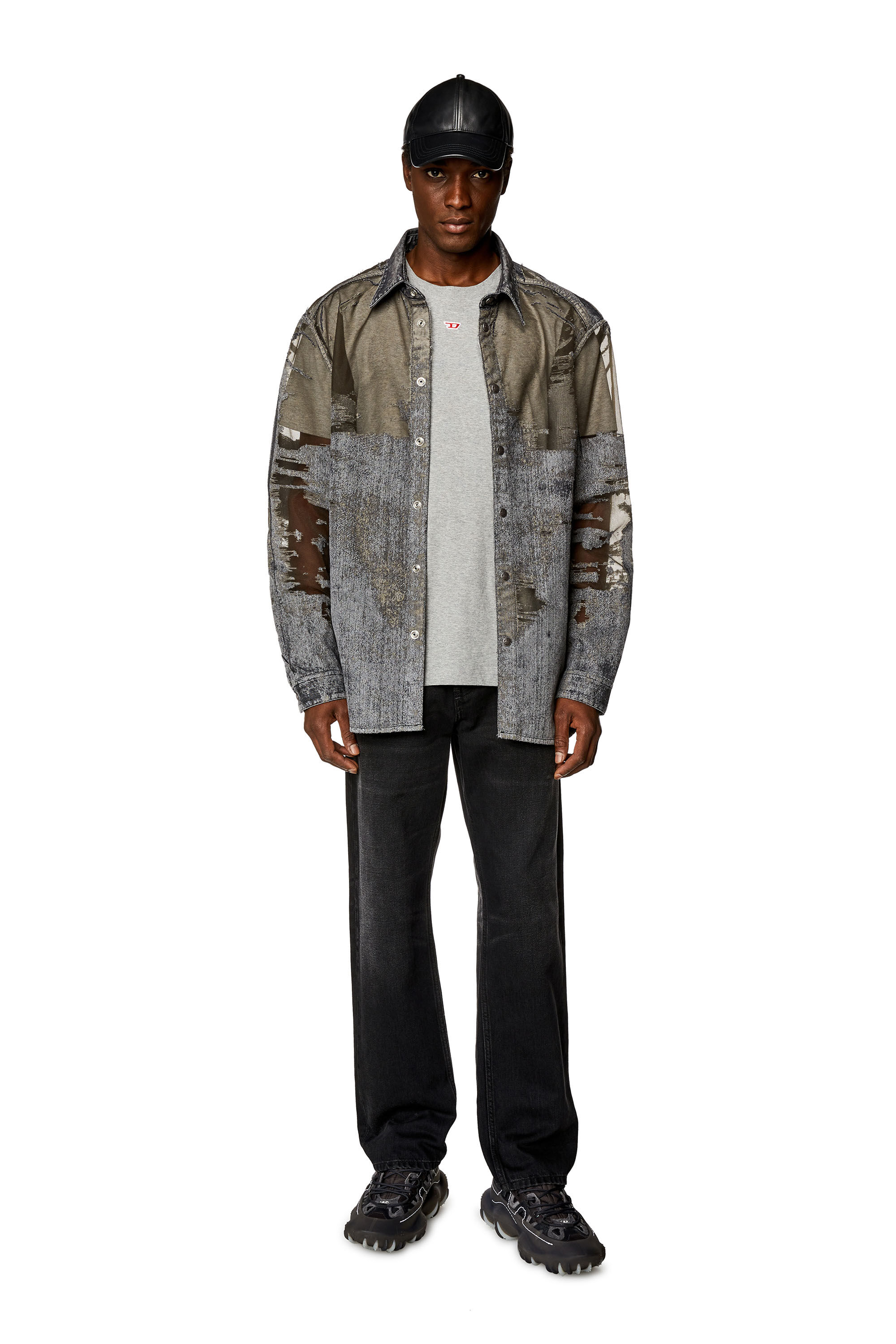 Diesel - D-SIMPLY-OVER-FSD, Male's Denim shirt with devoré in Dark Grey - 1