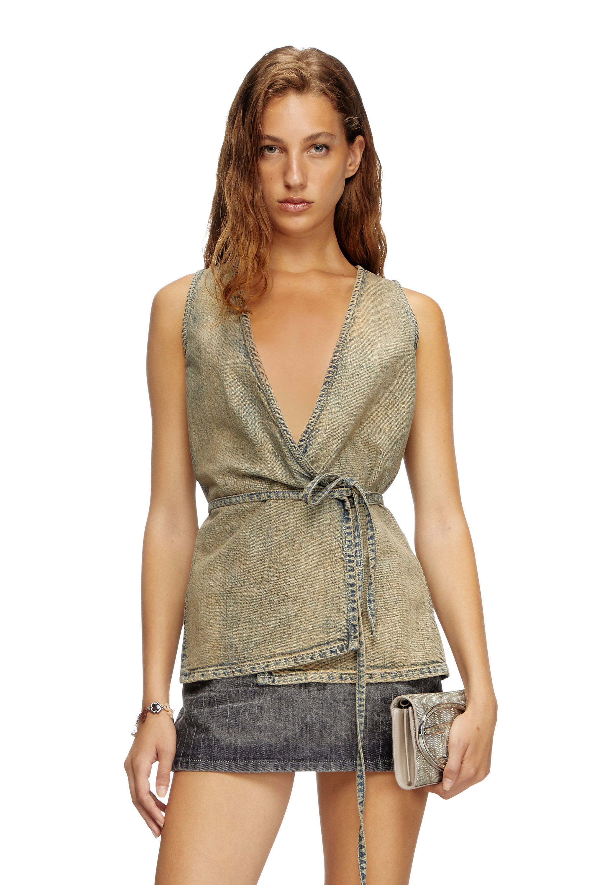 Diesel - DE-VERN, Female's Wrap top in gold-brush denim in Medium Blue - 3