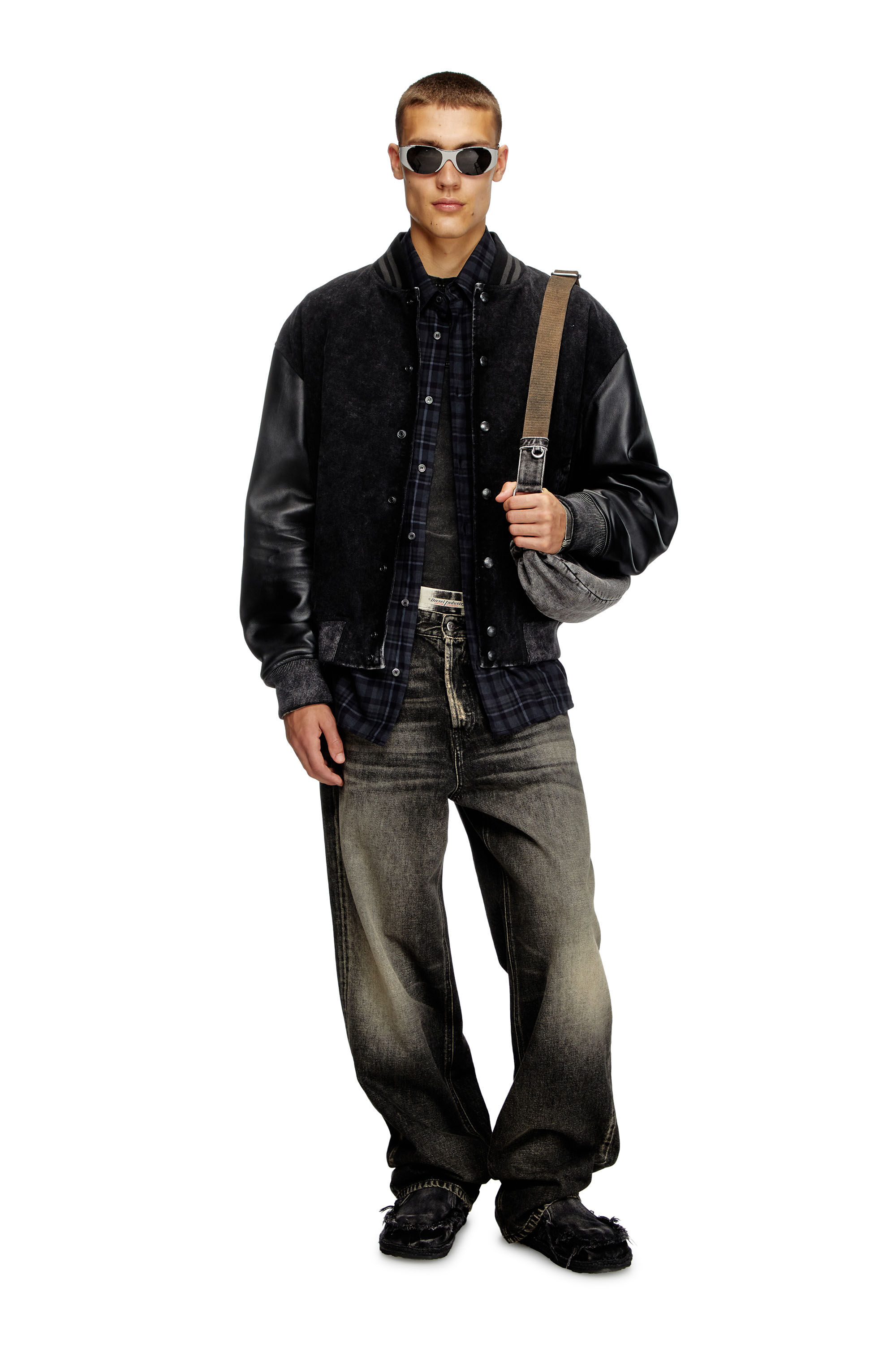 Diesel - L-NYN, Male's Denim and leather bomber jacket in Black - 1