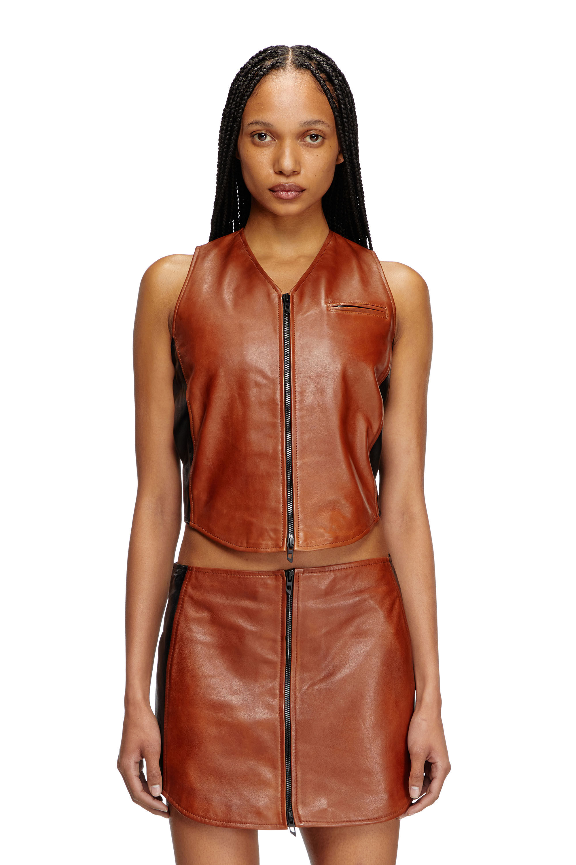 Diesel - L-USTRA, Female's Cropped colour-block leather vest in Black/Brown - 3