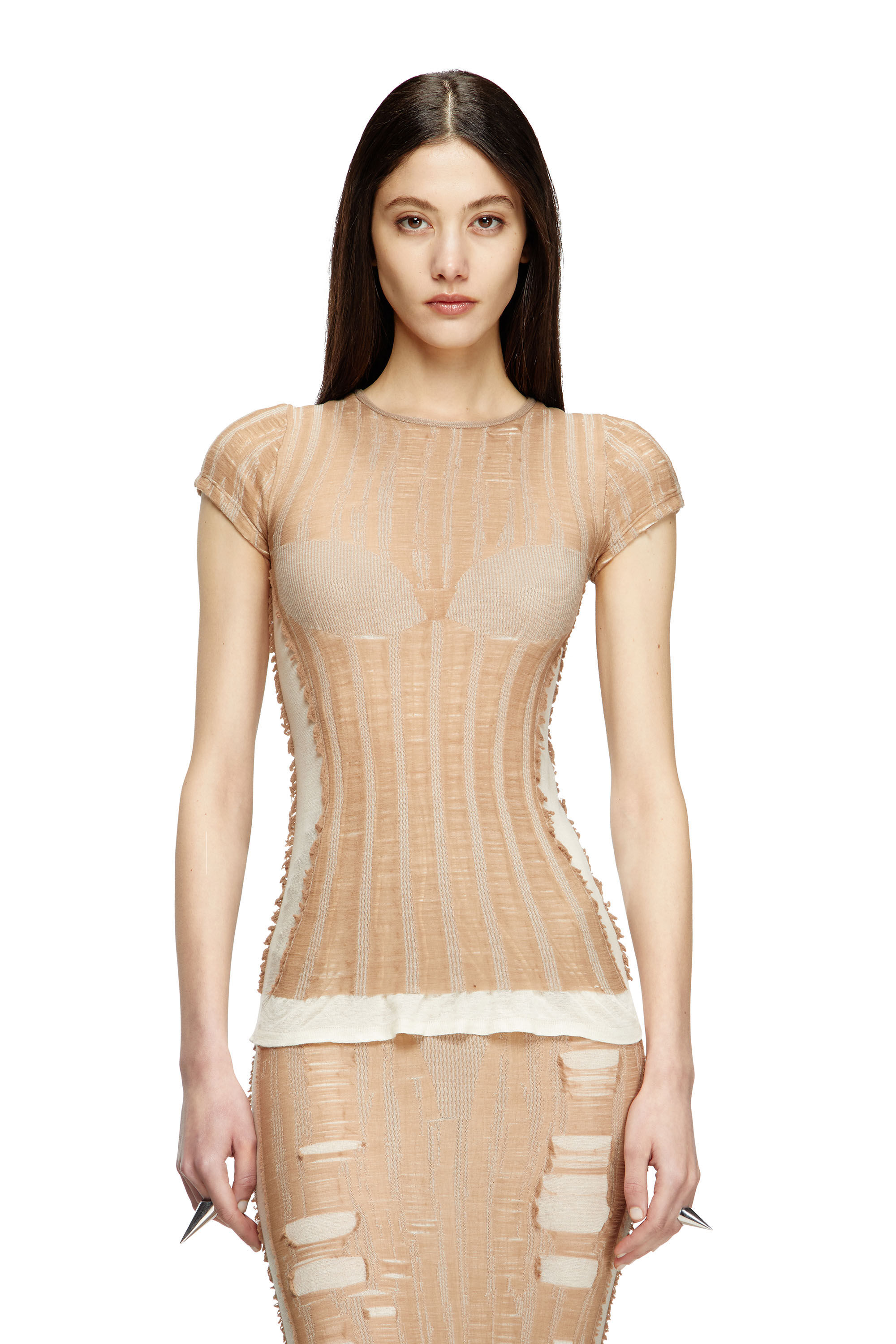 Diesel - M-CALAI-SS, T-shirt sans coutures avec illusion de lingerie Femme in Beige - 3