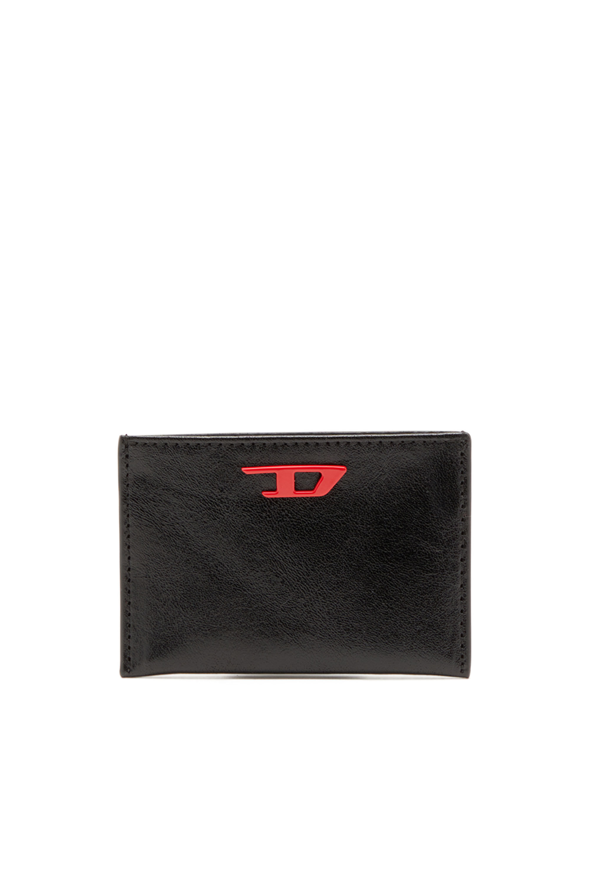 Diesel - RAVE CARD CASE, Male's Leather card holder with red D plaque in Black - 1