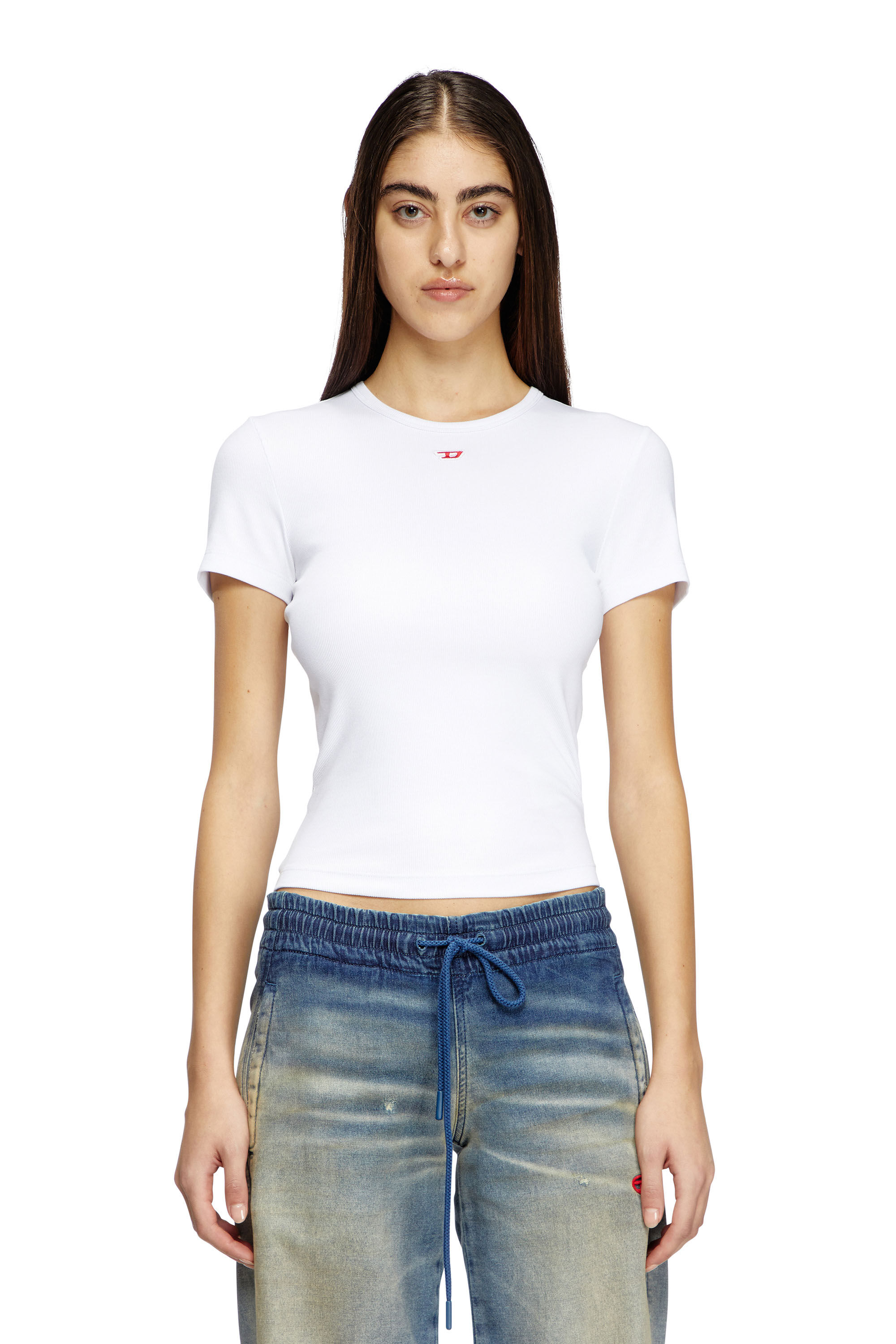 Diesel - T-ELE-LONG-D, Female's T-shirt with D logo patch in White - 3