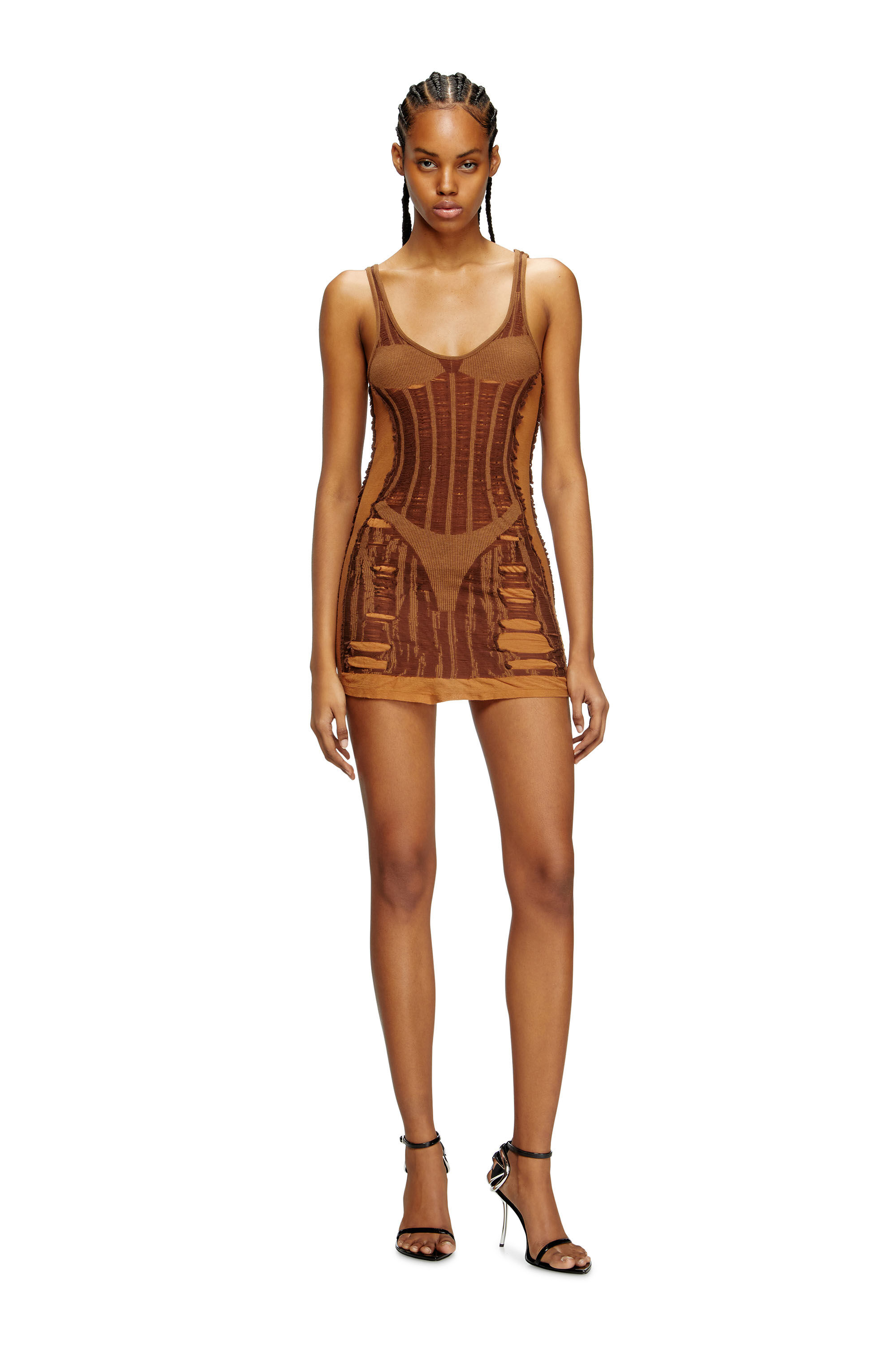Diesel - M-CALIMERA-SHORT, Mini-robe en maille seconde peau effet vieilli Femme in Marron - 1