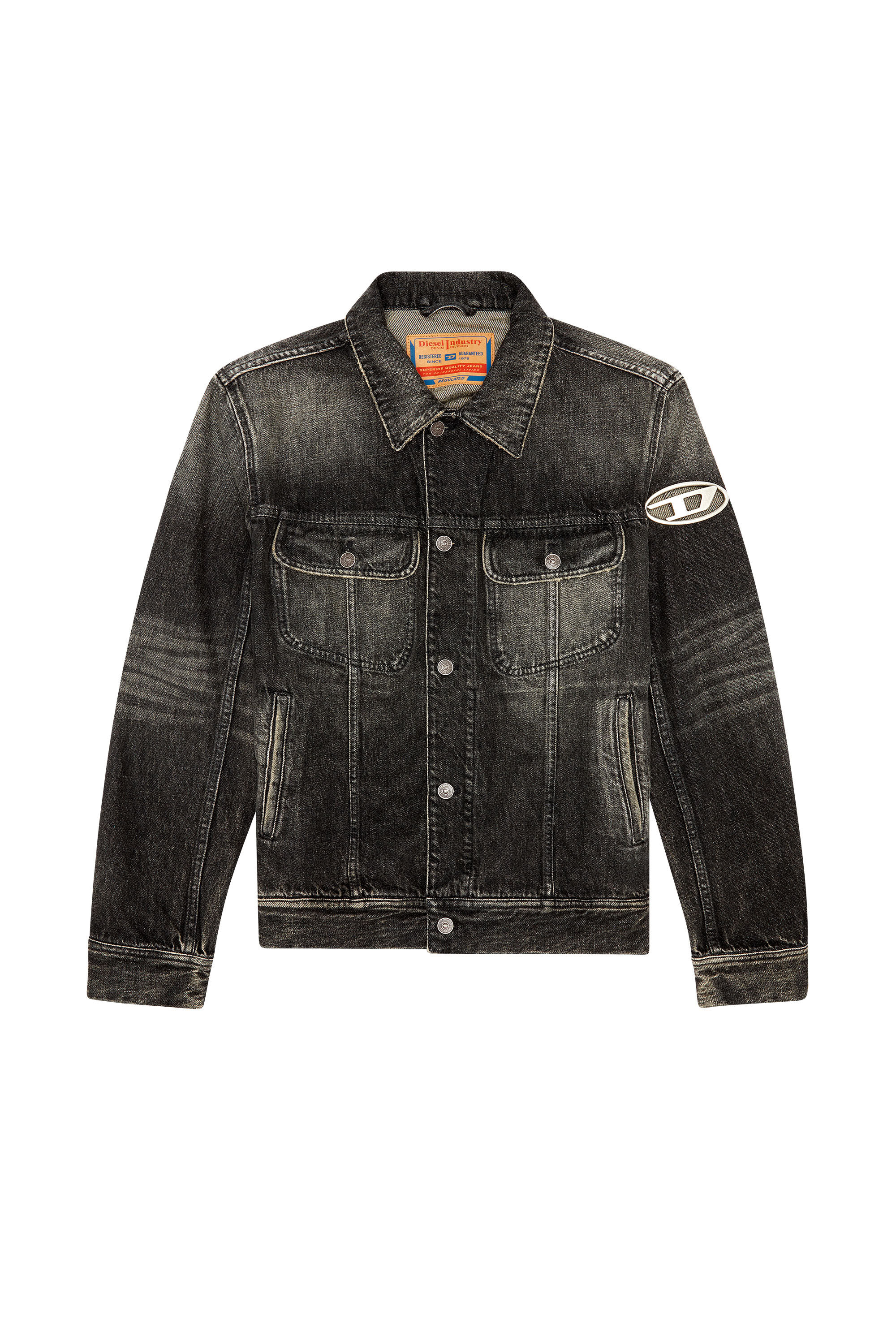 Men s Regular fit trucker jacket with cut out logo Black Diesel