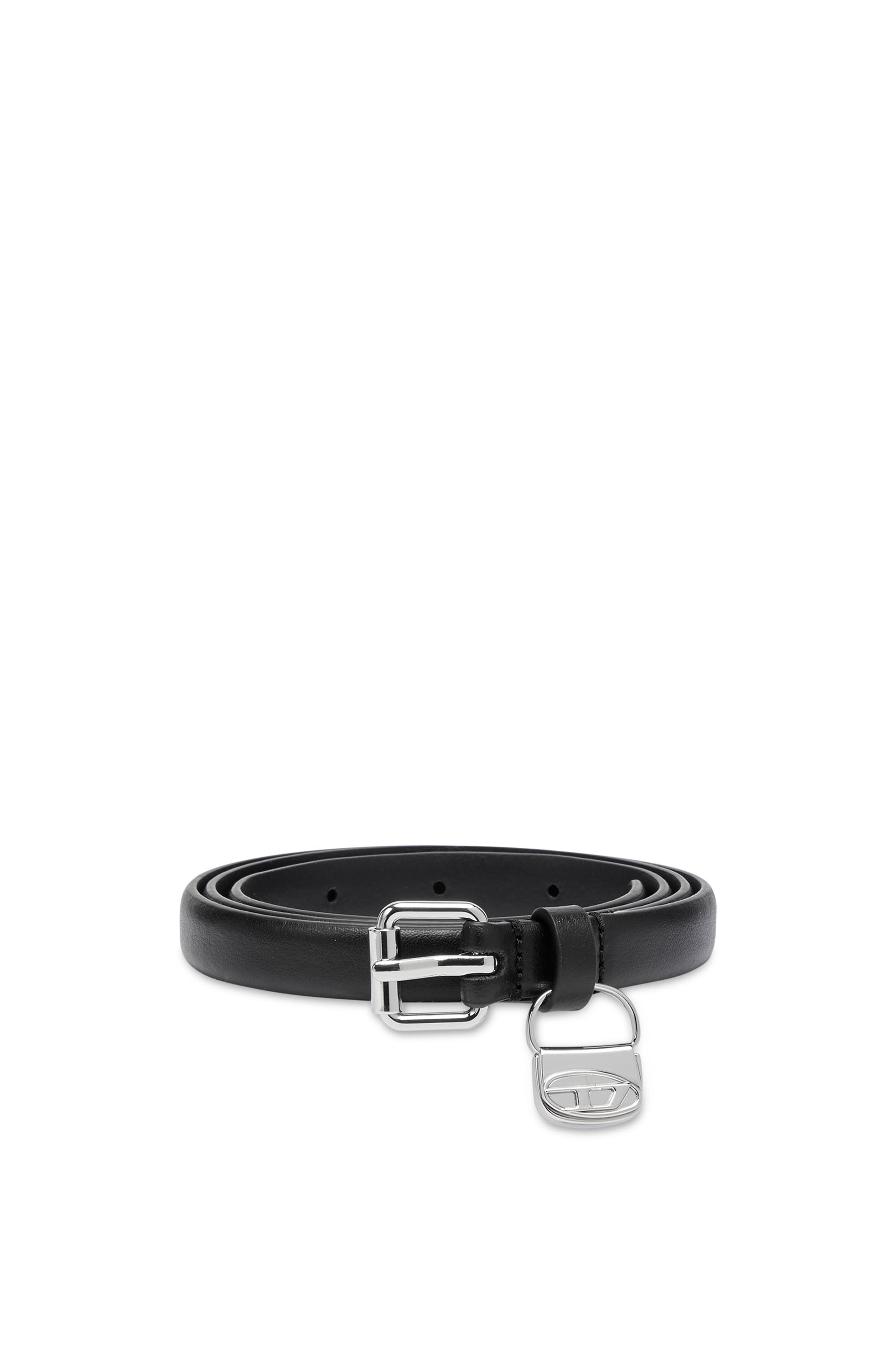 Diesel - B-CHARM HIP, Female's Slim leather belt with 1DR bag charm in Black - 1