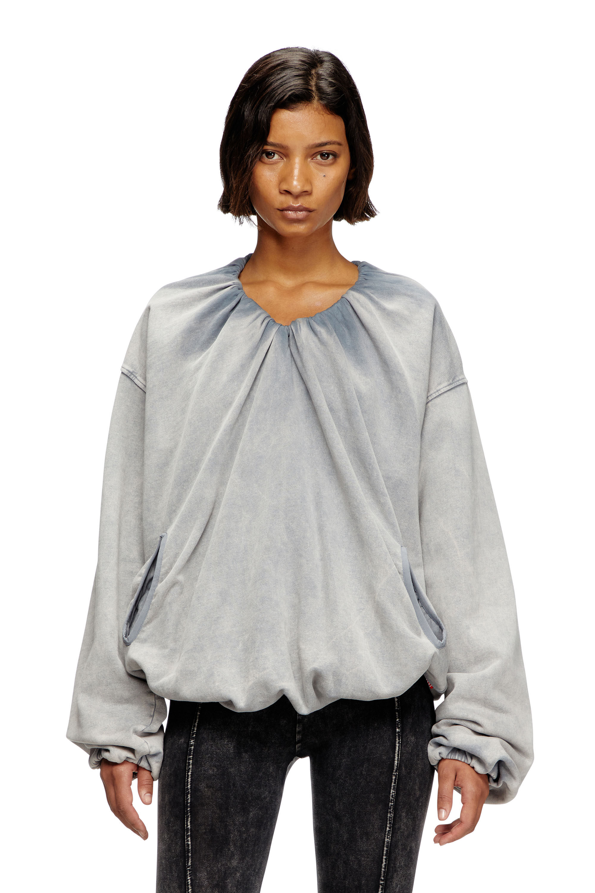 Diesel - F-INDY, Female's Gathered sweatshirt with bleached effect in Light Grey - 3