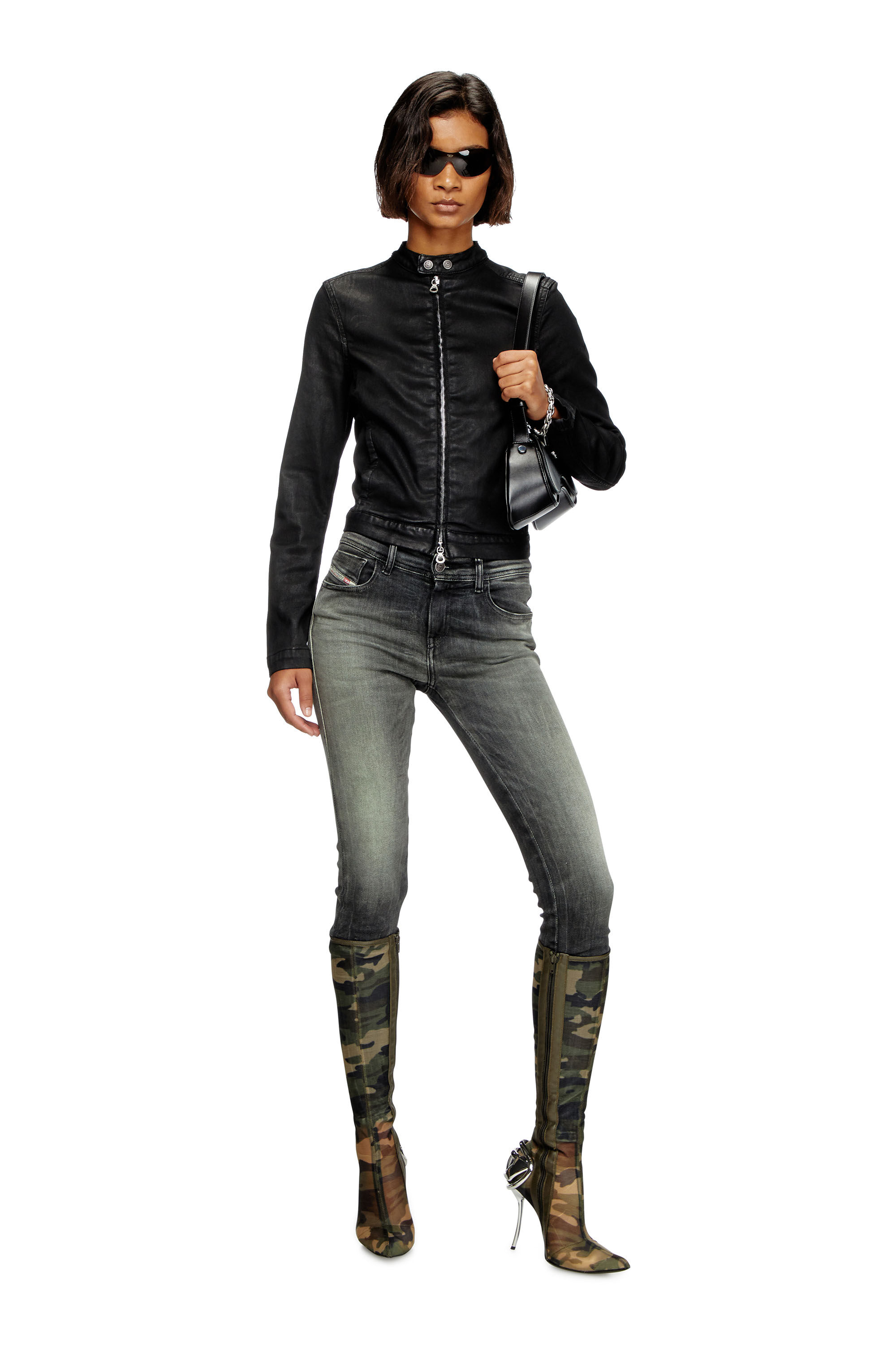 Diesel - DE-MORNIN JOGG, Female's Moto jacket in coated denim in Black - 1