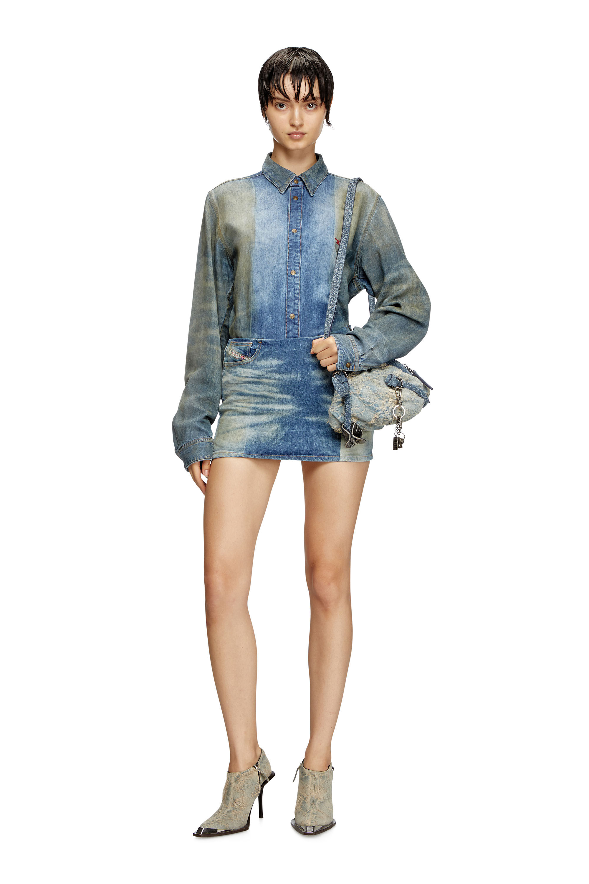 Diesel - DE-PRA-MINI-FSF, Mini-jupe en denim avec plis solarisés Femme in Bleu - 1