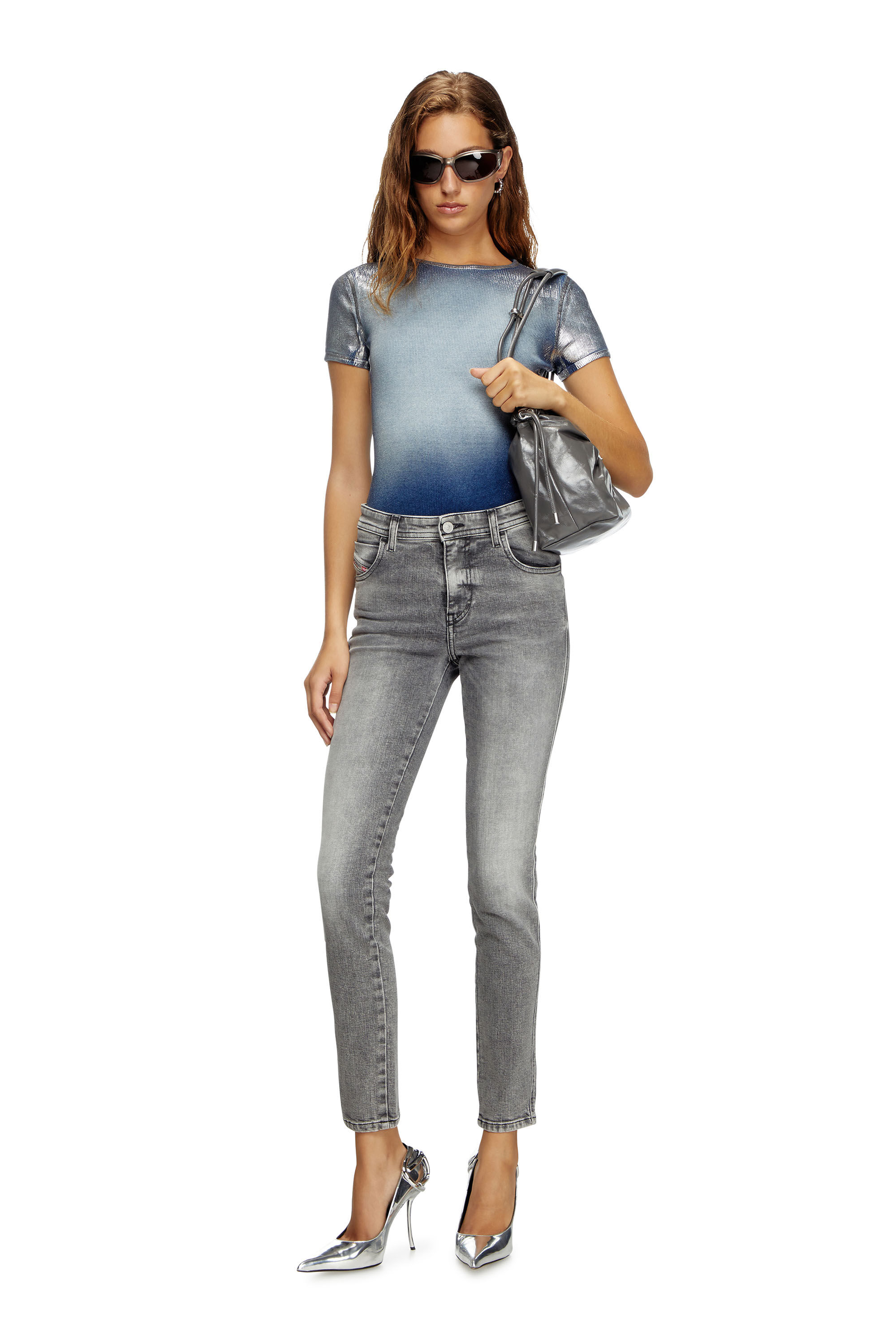 Diesel - T-ELE-LONG-Q1, Female's Faded metallic T-shirt in Light Blue - 1