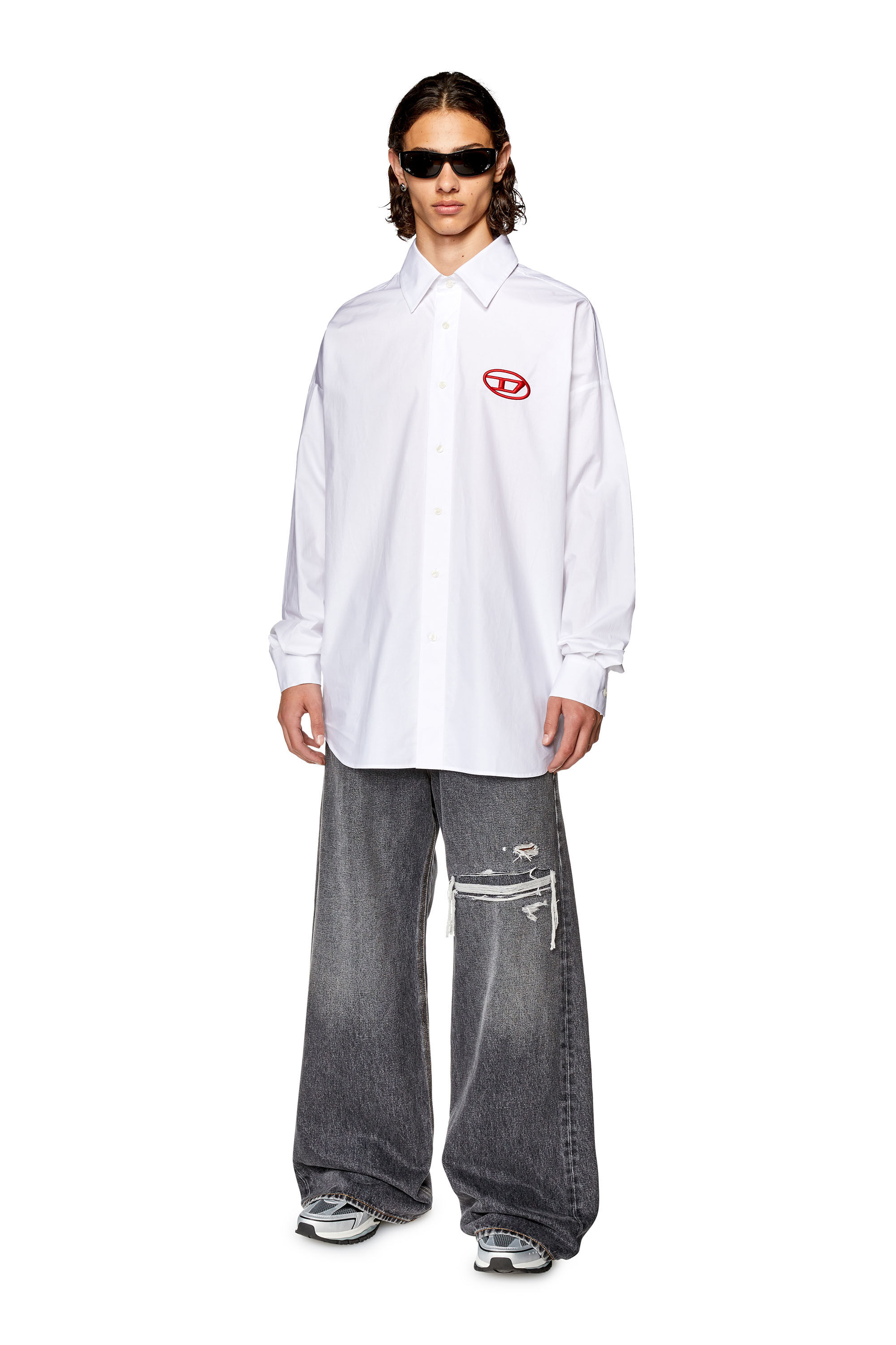 Diesel - S-DOU-PLAIN, Male's Poplin shirt with oval D embroidery in White - 1