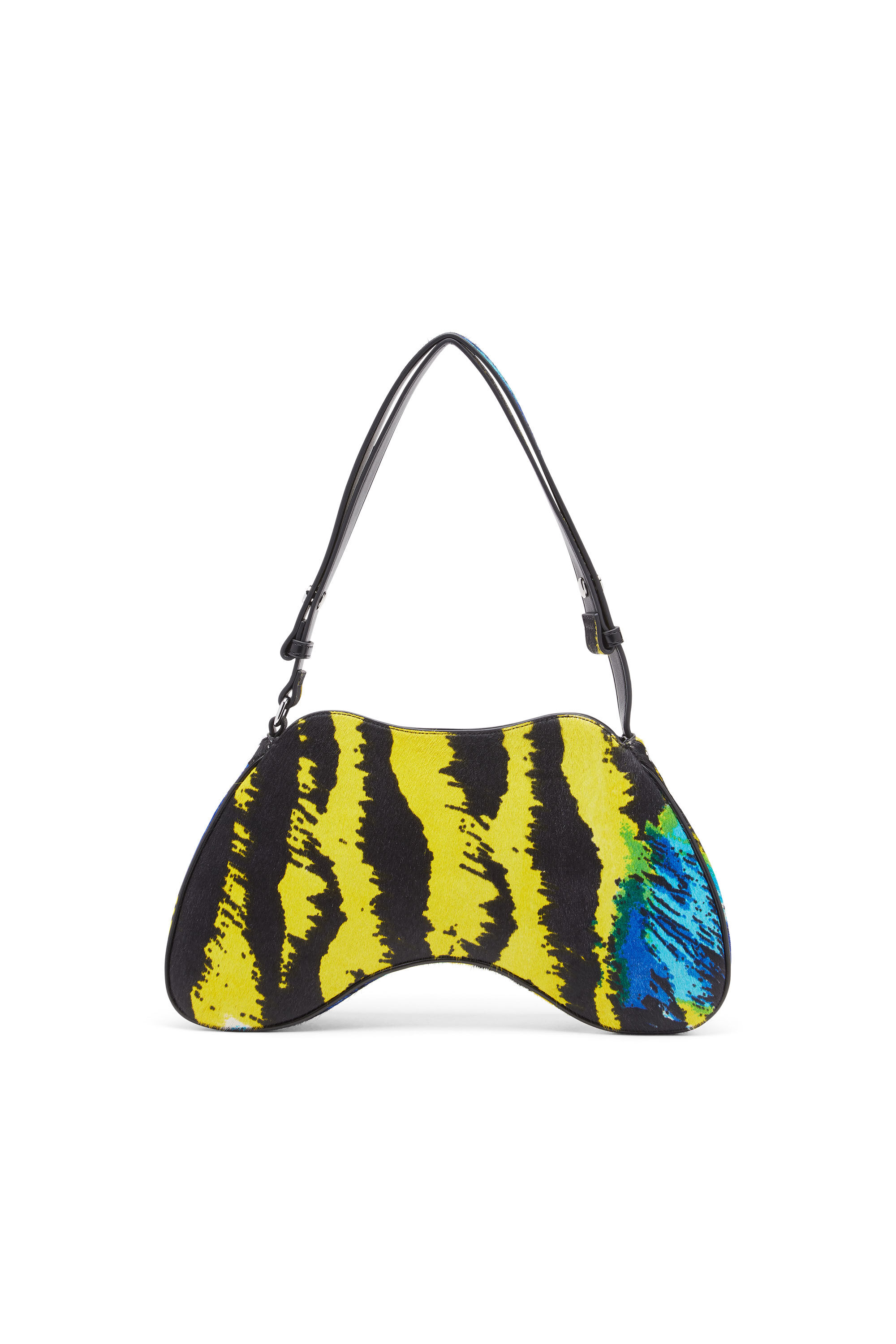 Diesel - PLAY SHOULDER, Female's Play-Shoulder bag in tiger-print calf hair in Yellow/Blue - 3