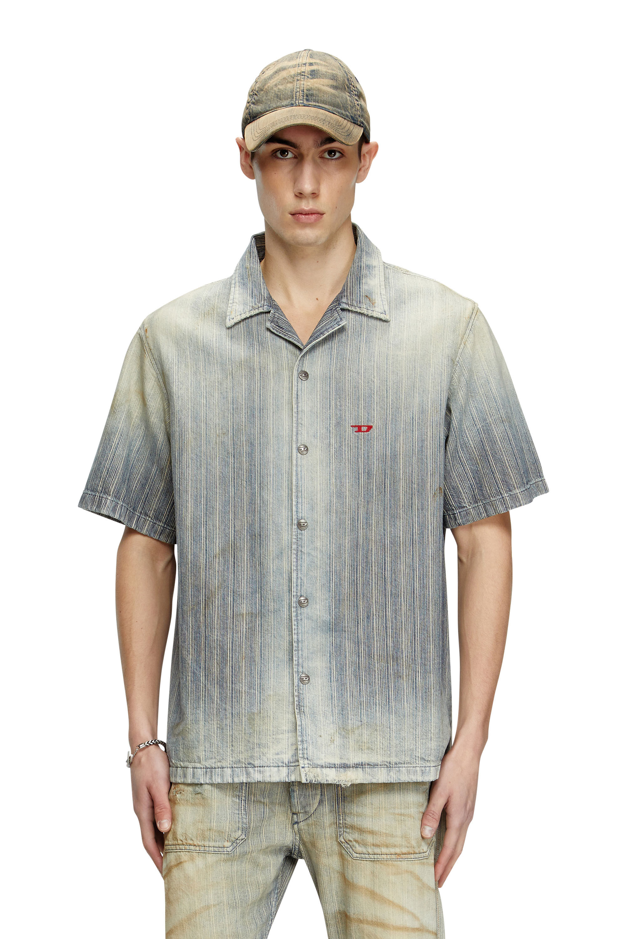 Diesel - D-NABIL-D, Male's Bowling shirt in striped indigo denim in Medium Blue - 3