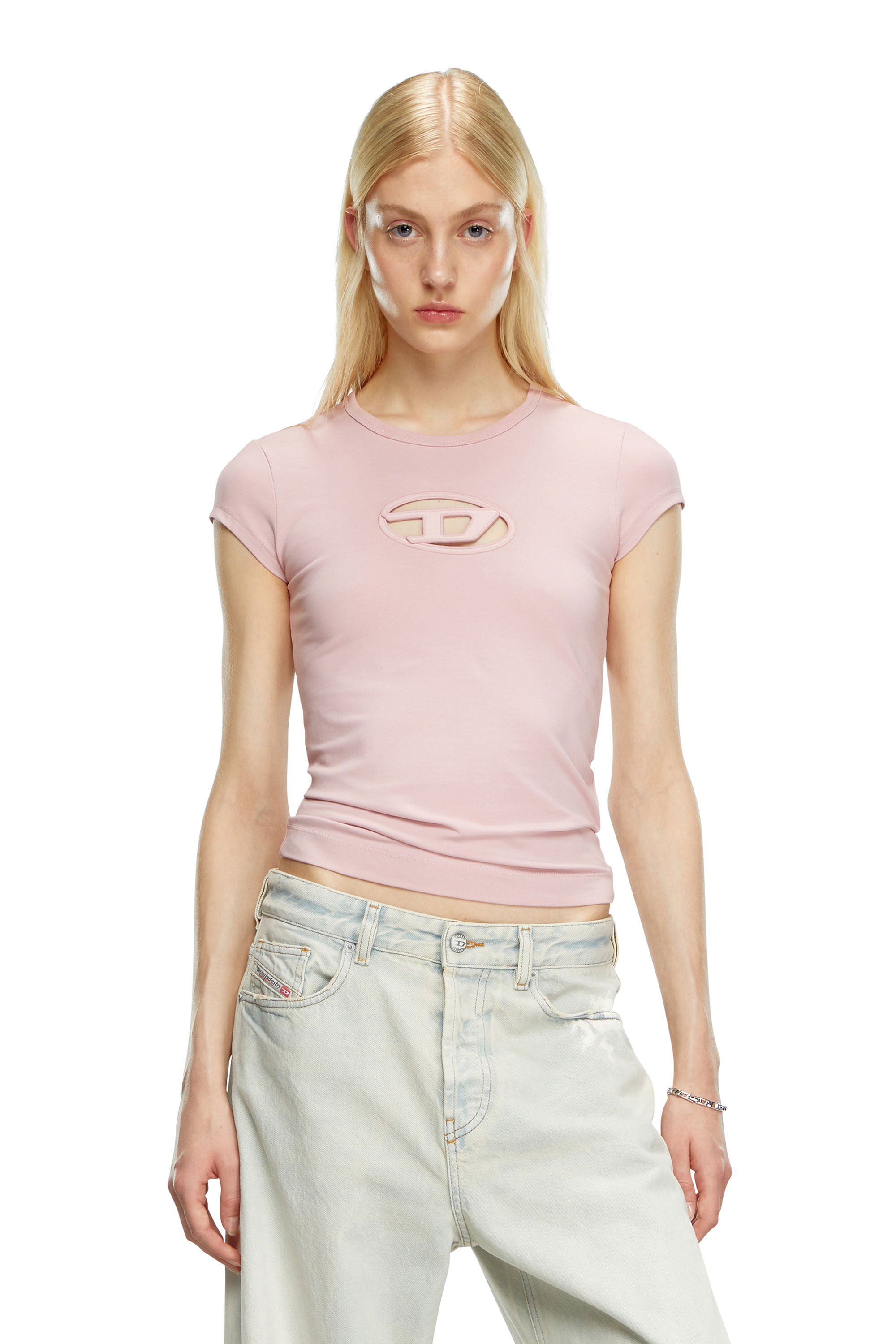 Diesel - T-ANGIE, T-shirt avec logo peek-a-boo Femme in Rose - 3