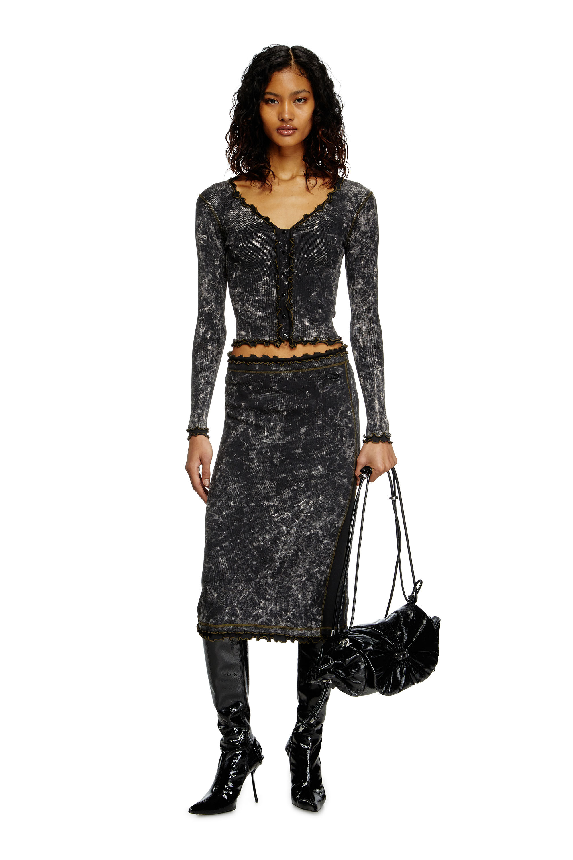 Diesel - T-FLUX, Female's Marbled buttoned top with ruffles in Black - 1