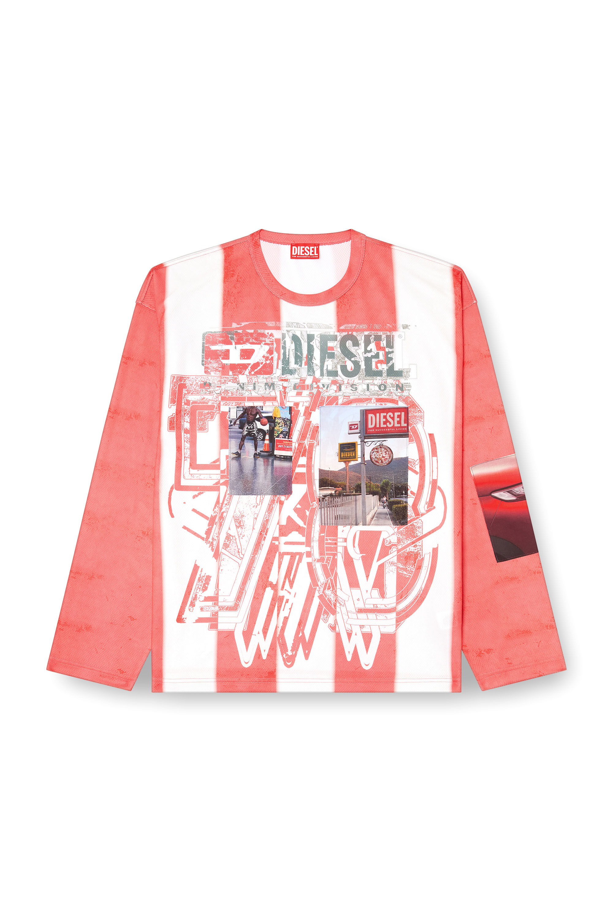 Diesel - T-RUBY, Male's Striped long-sleeve T-shirt with photo patches in Red/White - 2