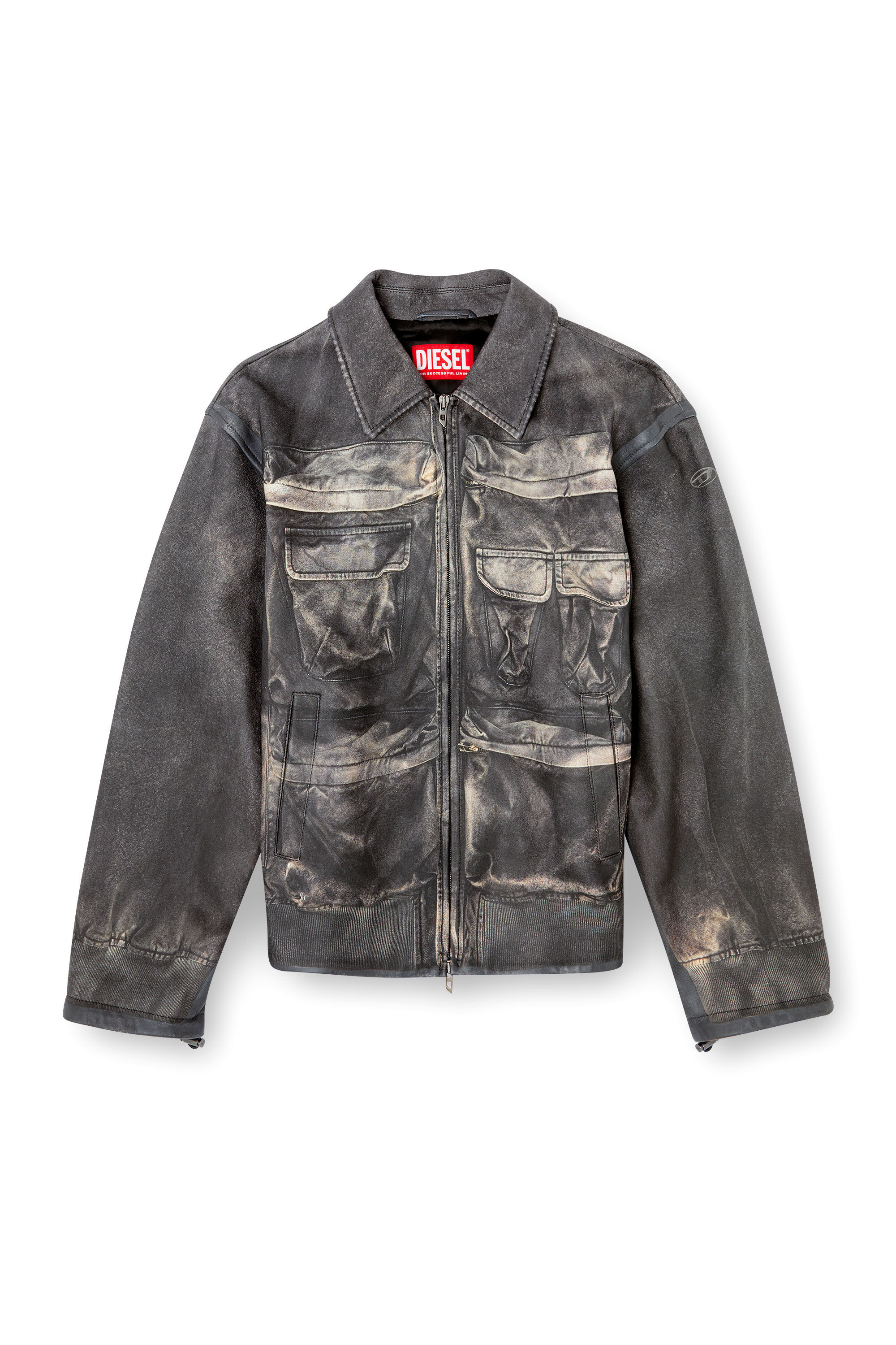Diesel - L-MAYER, Male's Leather jacket with trompe l'oeil pockets in Black - 2