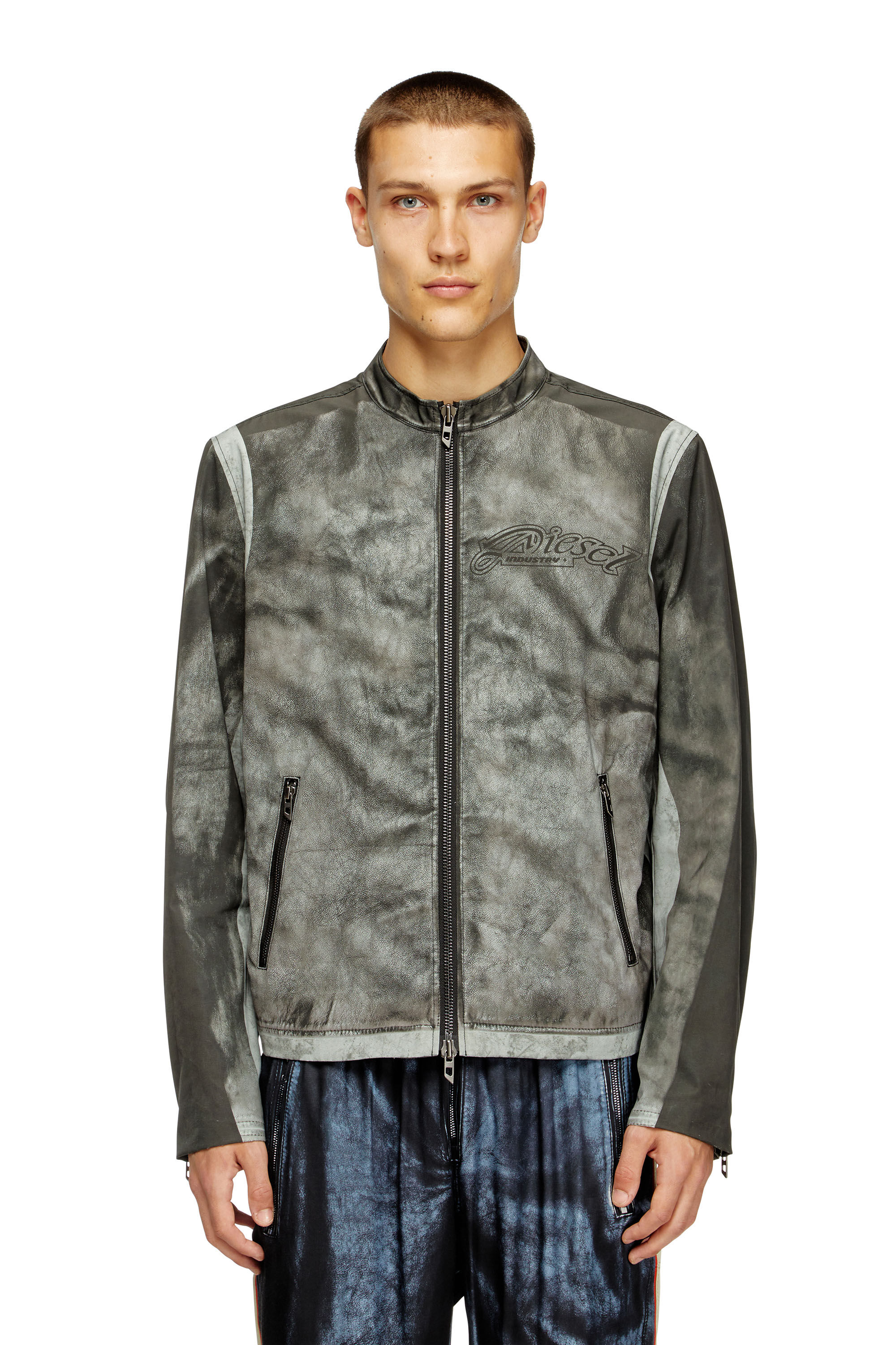 Diesel - J-EVERT, Veste de motard en toile imprimée Homme in Gris - 3