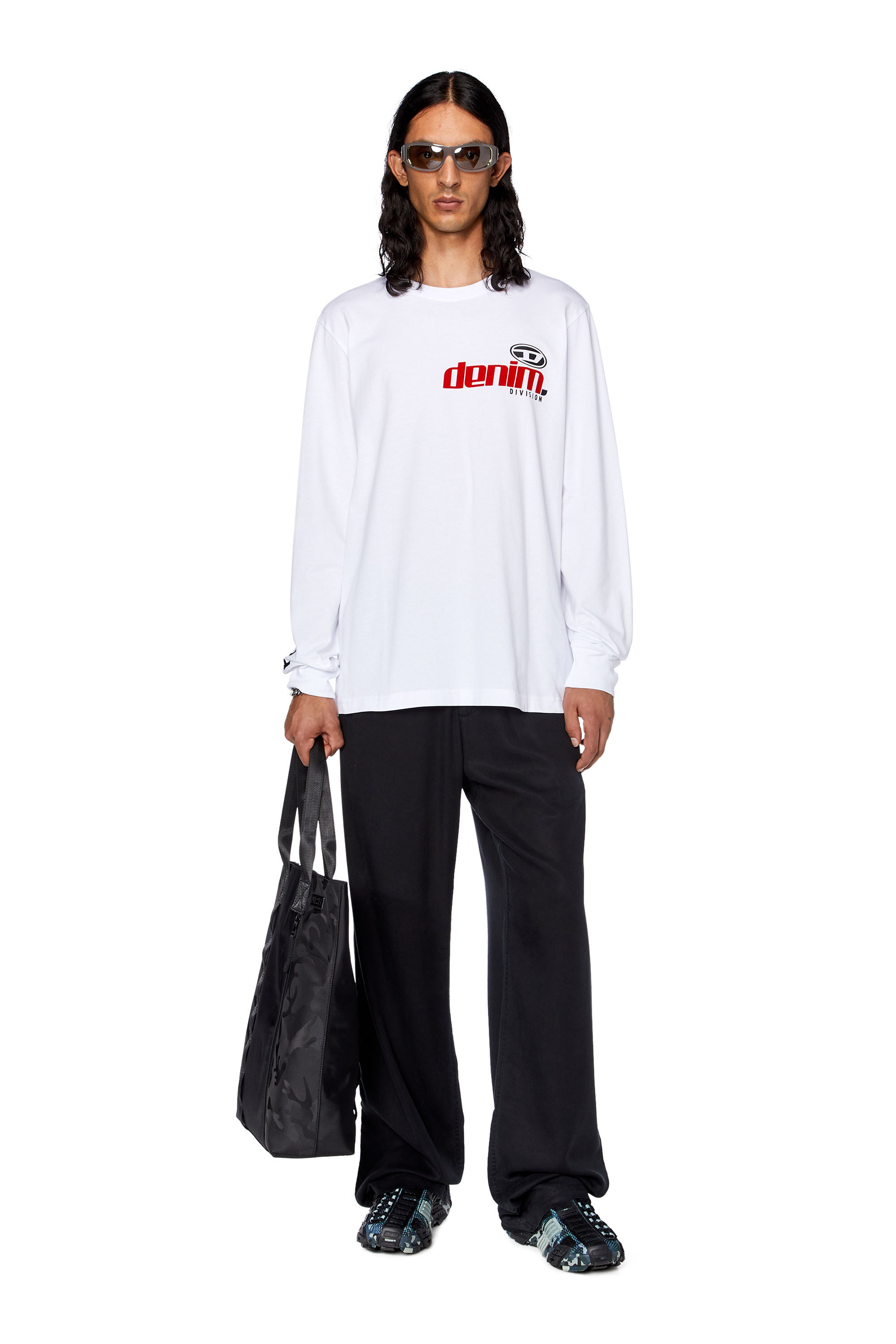 Diesel - T-JUST-LS-L5, T-shirt à manches longues avec imprimés floqués Homme in Blanc - 1