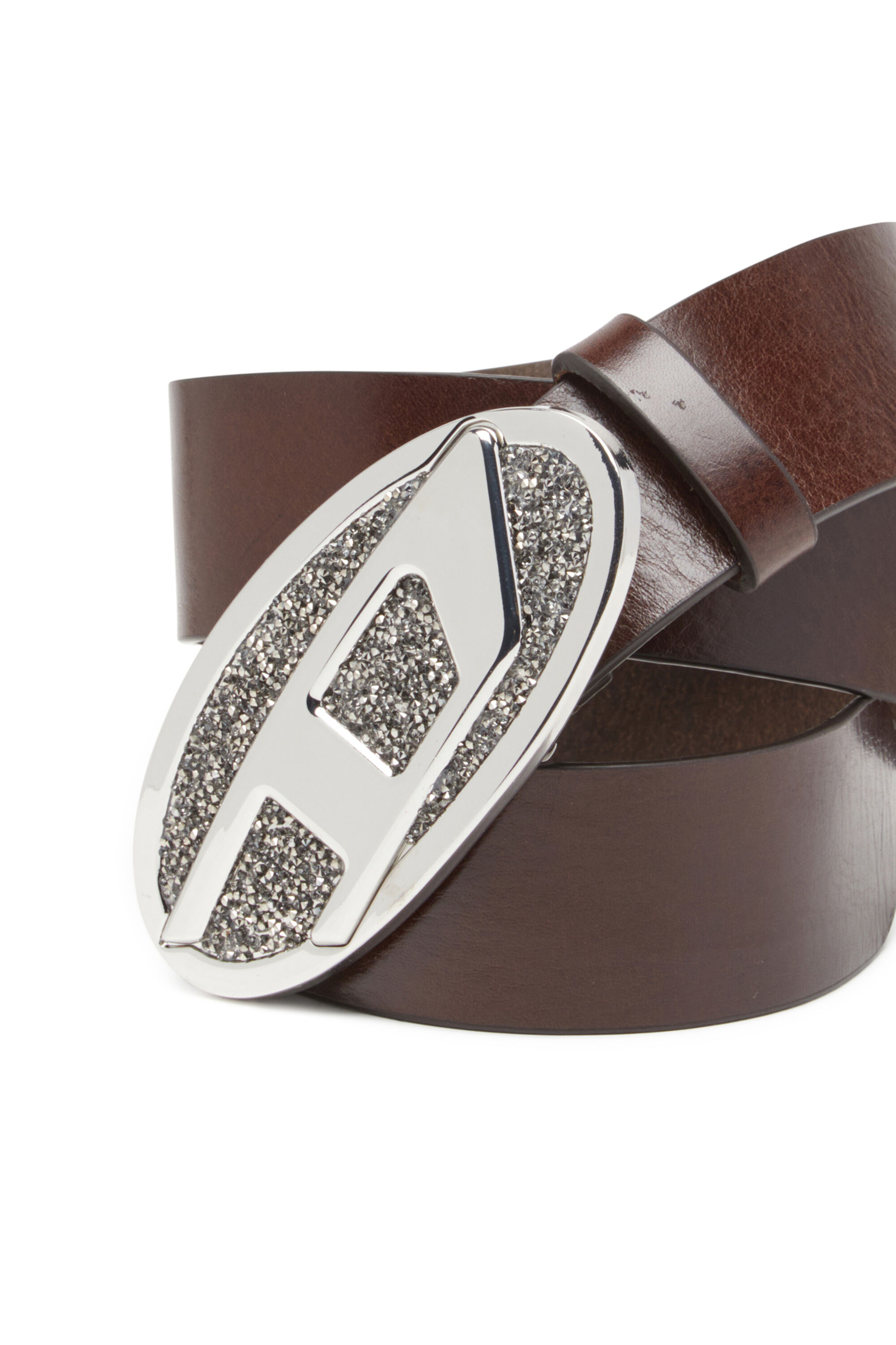 Diesel - B-1DR 2.0 FULL ROCKS, Ceinture en cuir de 4 cm avec boucle Oval D ornée de strass Femme in Marron - 3