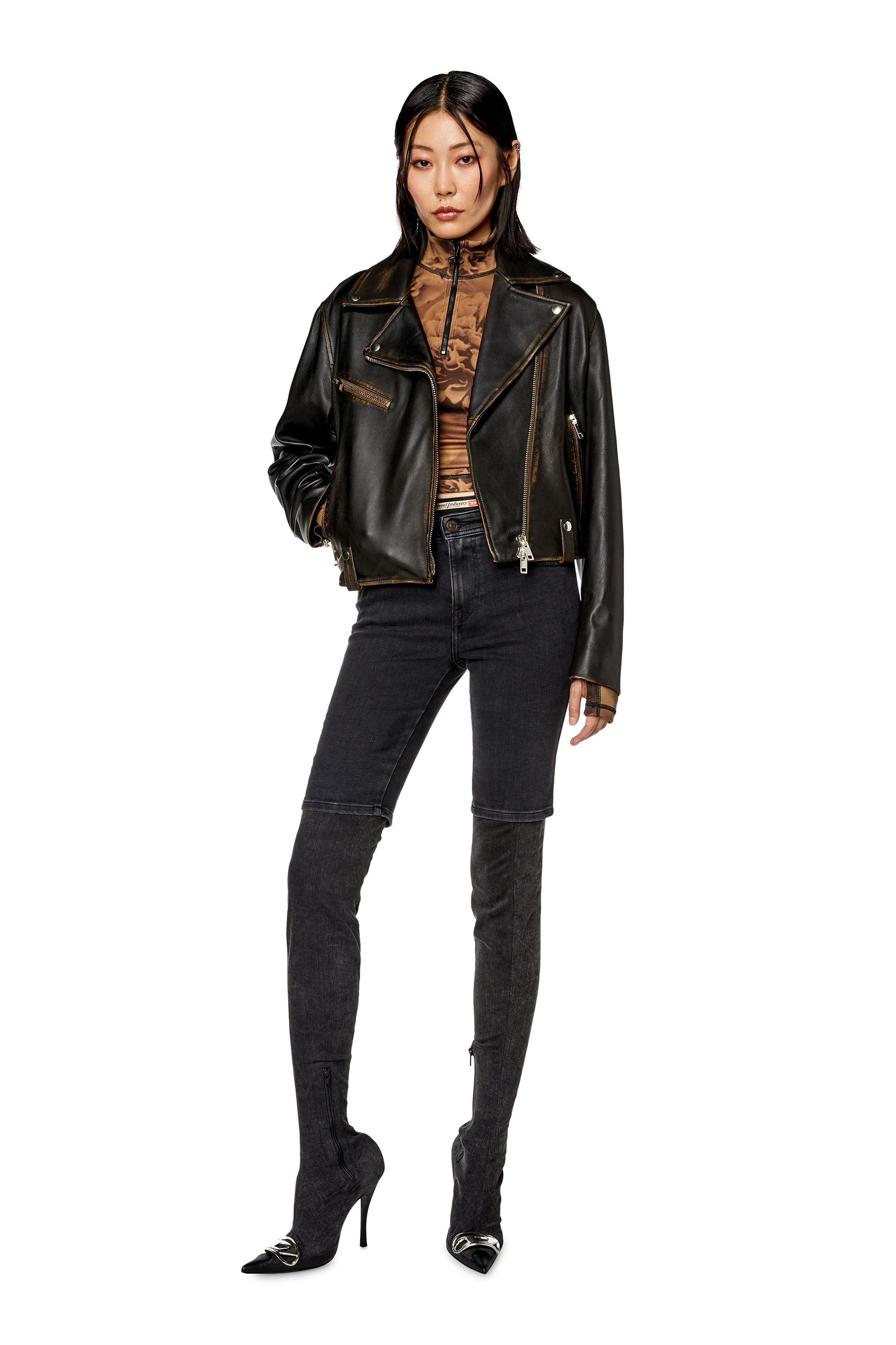 Women s Biker jacket in tumbled leather Black Diesel