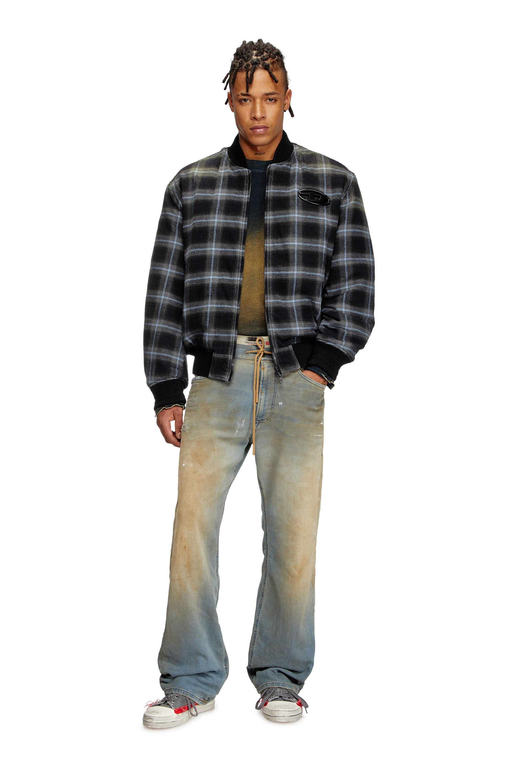 Diesel - J-SAINT, Male's Padded bomber jacket in check flannel in Black/Blue - 1