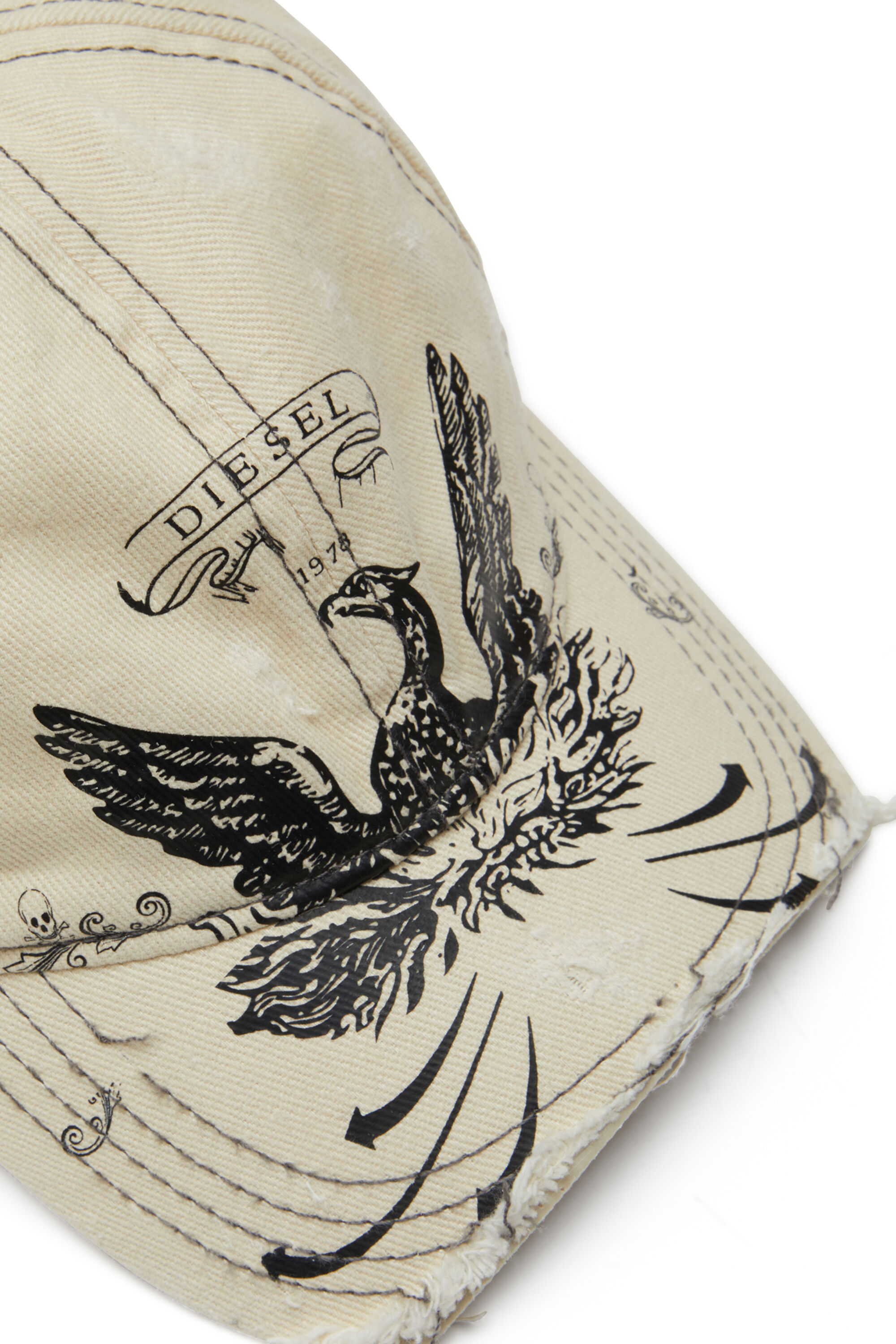 Diesel - C-FENIX, Casquette de baseball effet vieilli avec imprimé du phénix Homme in Blanc - 3