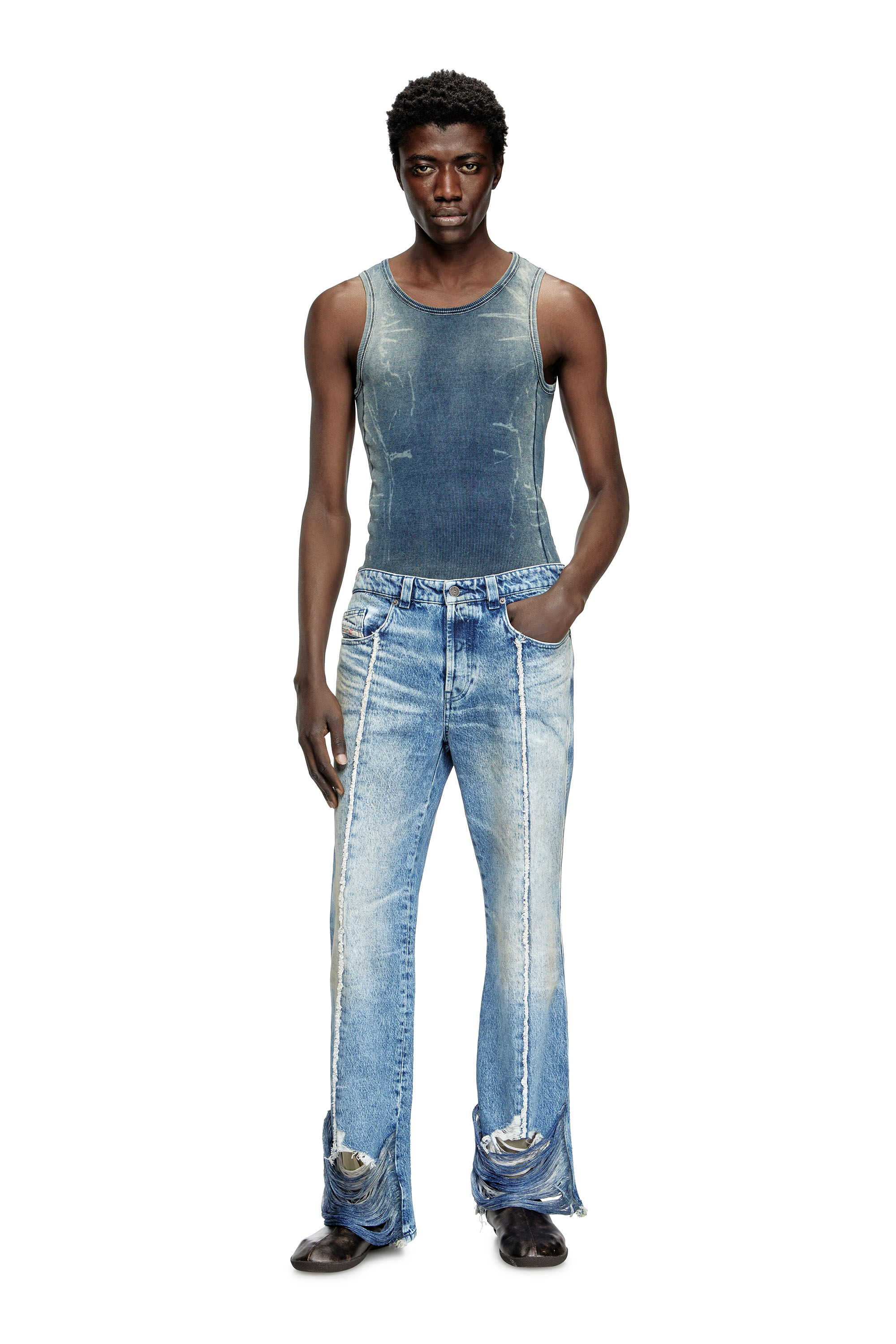 Diesel - T-GO, Débardeur côtelé avec effet trompe-l'œil en denim Mixte in Bleu - 1