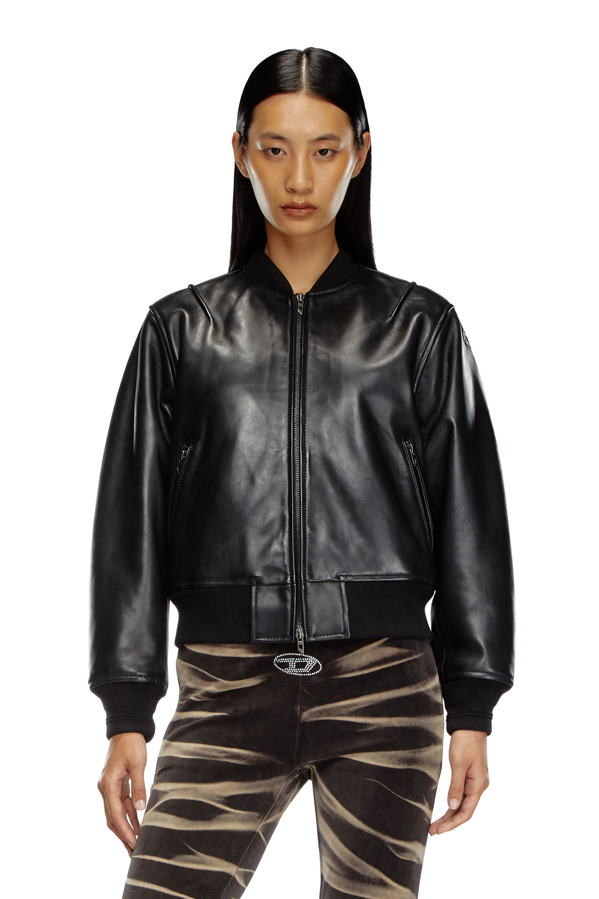 Diesel - L-ILAN, Female's Oversized leather bomber jacket in Black - 3