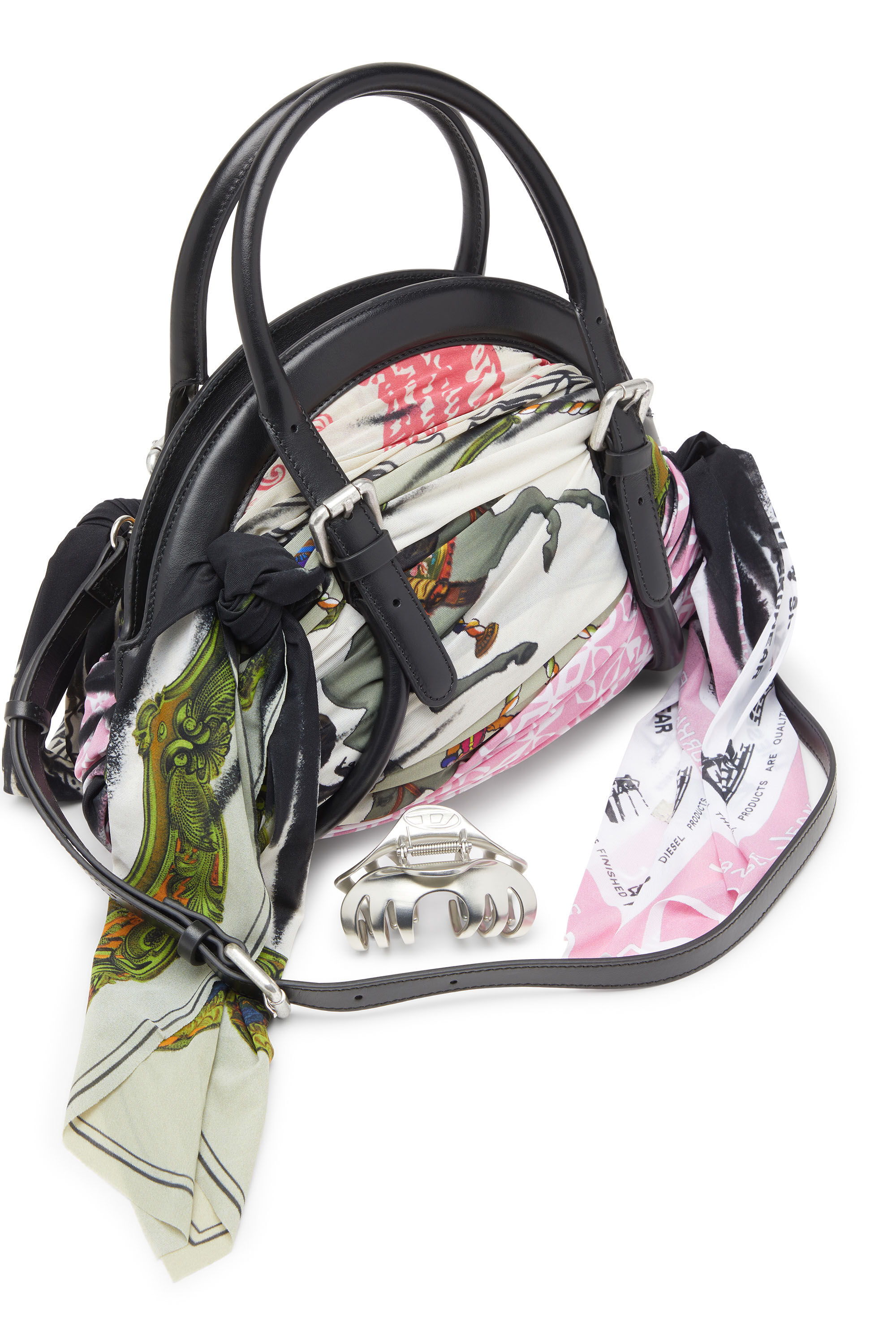 Diesel - TRASH-D TOP HANDLE, Female's Trash-D-Bandana handbag in leather and jersey in Black/White - 5