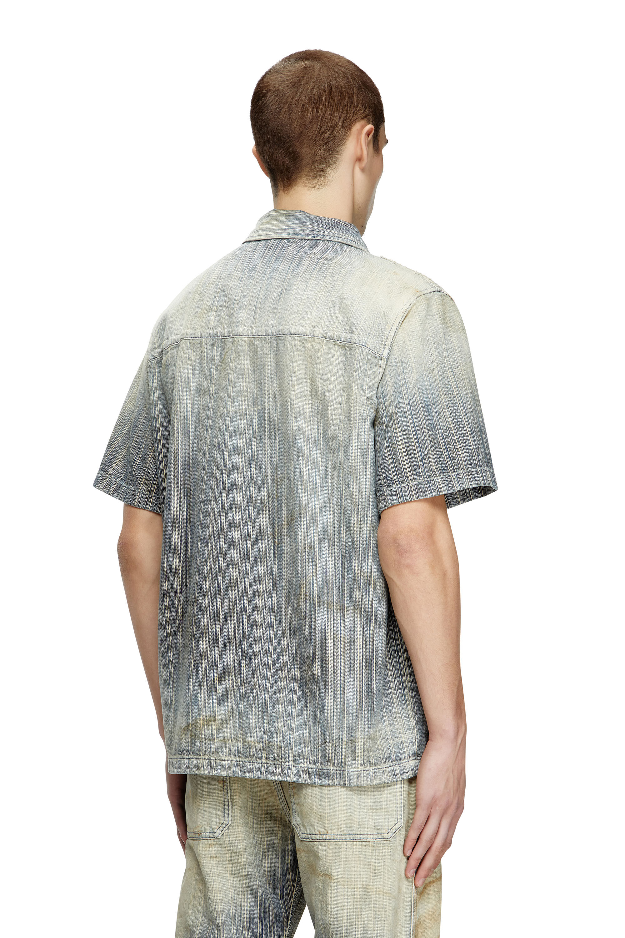 Diesel - D-NABIL-D, Male's Bowling shirt in striped indigo denim in Medium Blue - 4