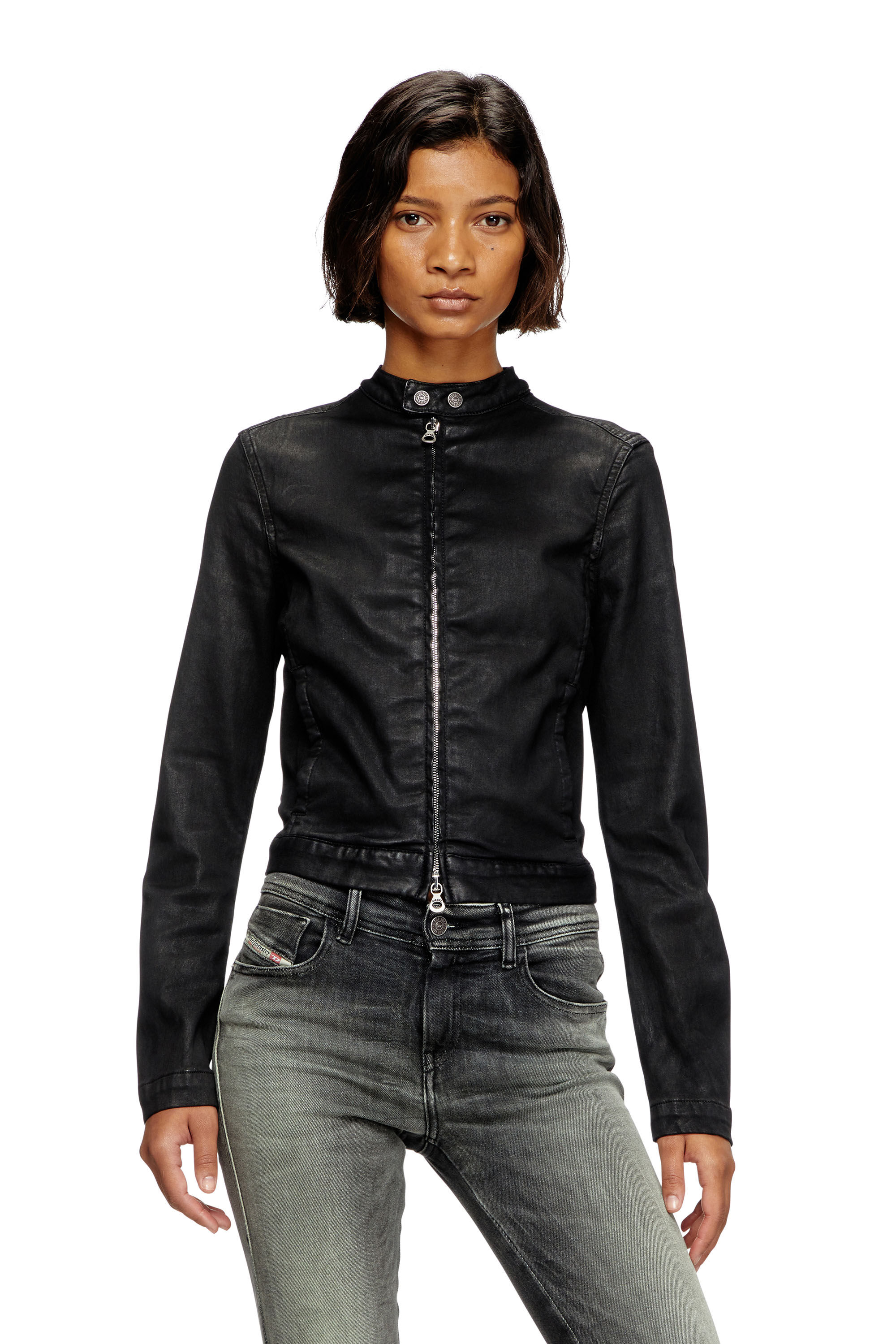 Diesel - DE-MORNIN JOGG, Female's Moto jacket in coated denim in Black - 3