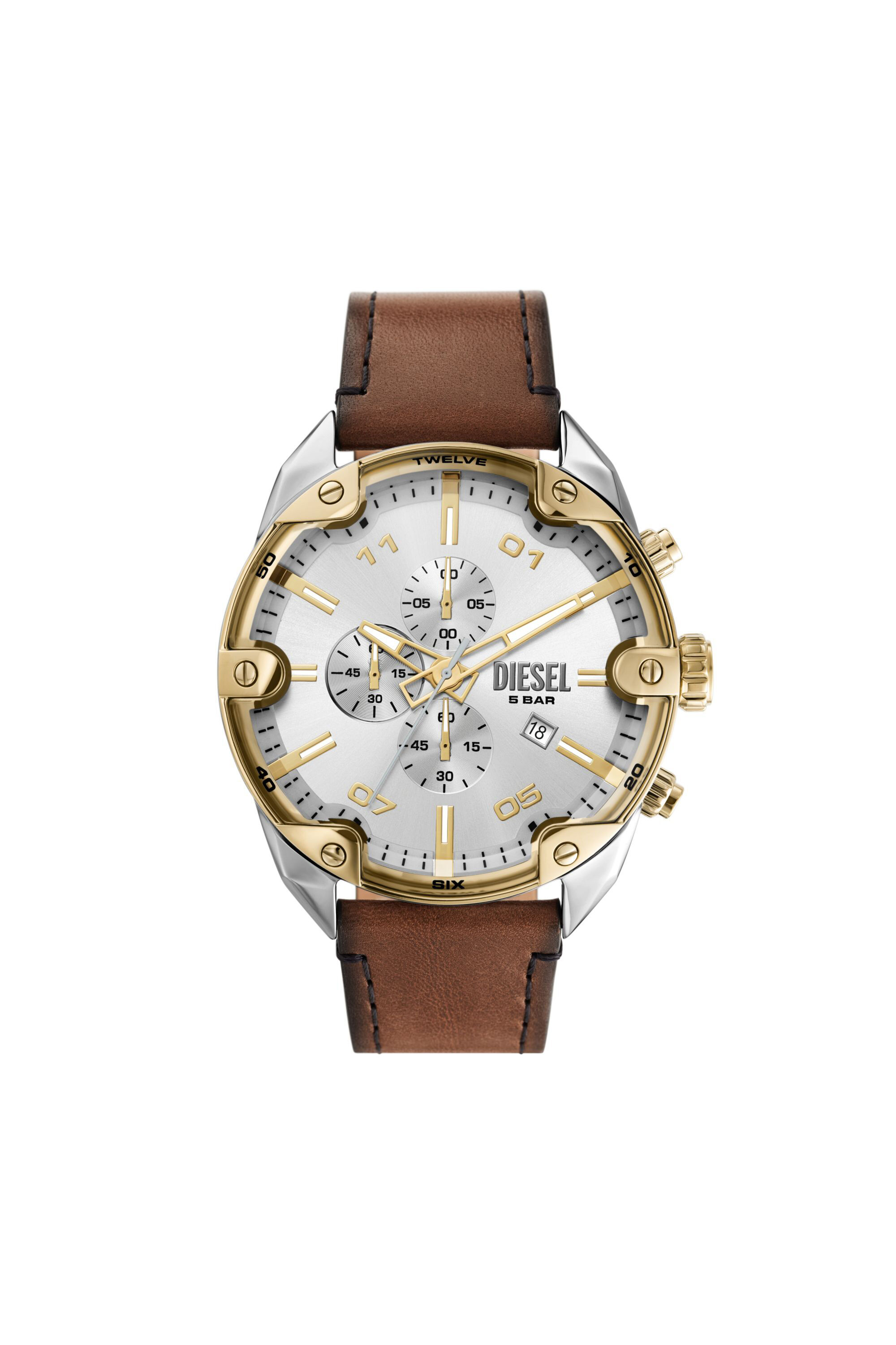 Diesel - DZ4665, Male Spiked chronograph brown leather watch in Brown - Image 1