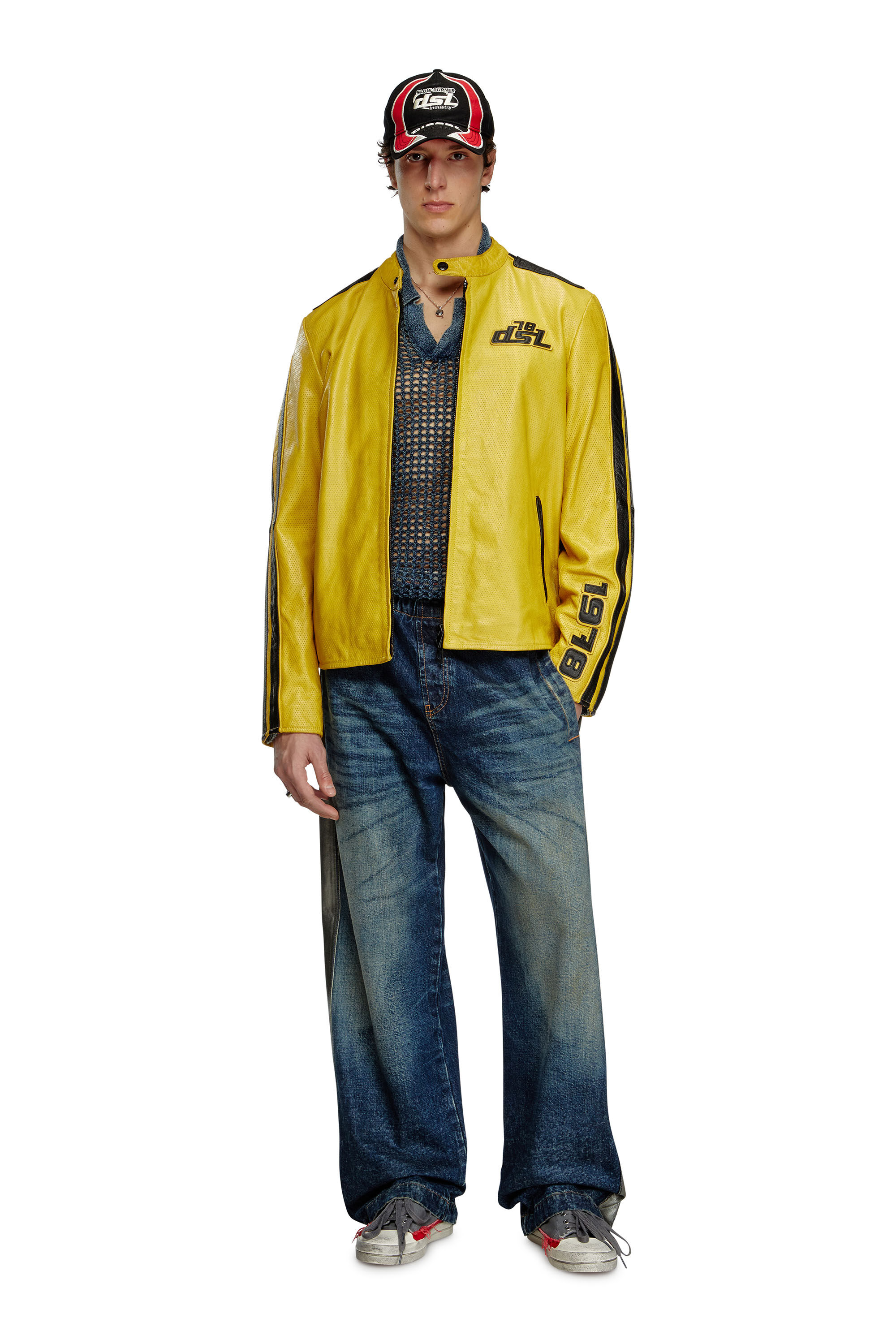 Diesel - L-POP, Veste de motard en cuir perforé Mixte in Jaune - 1