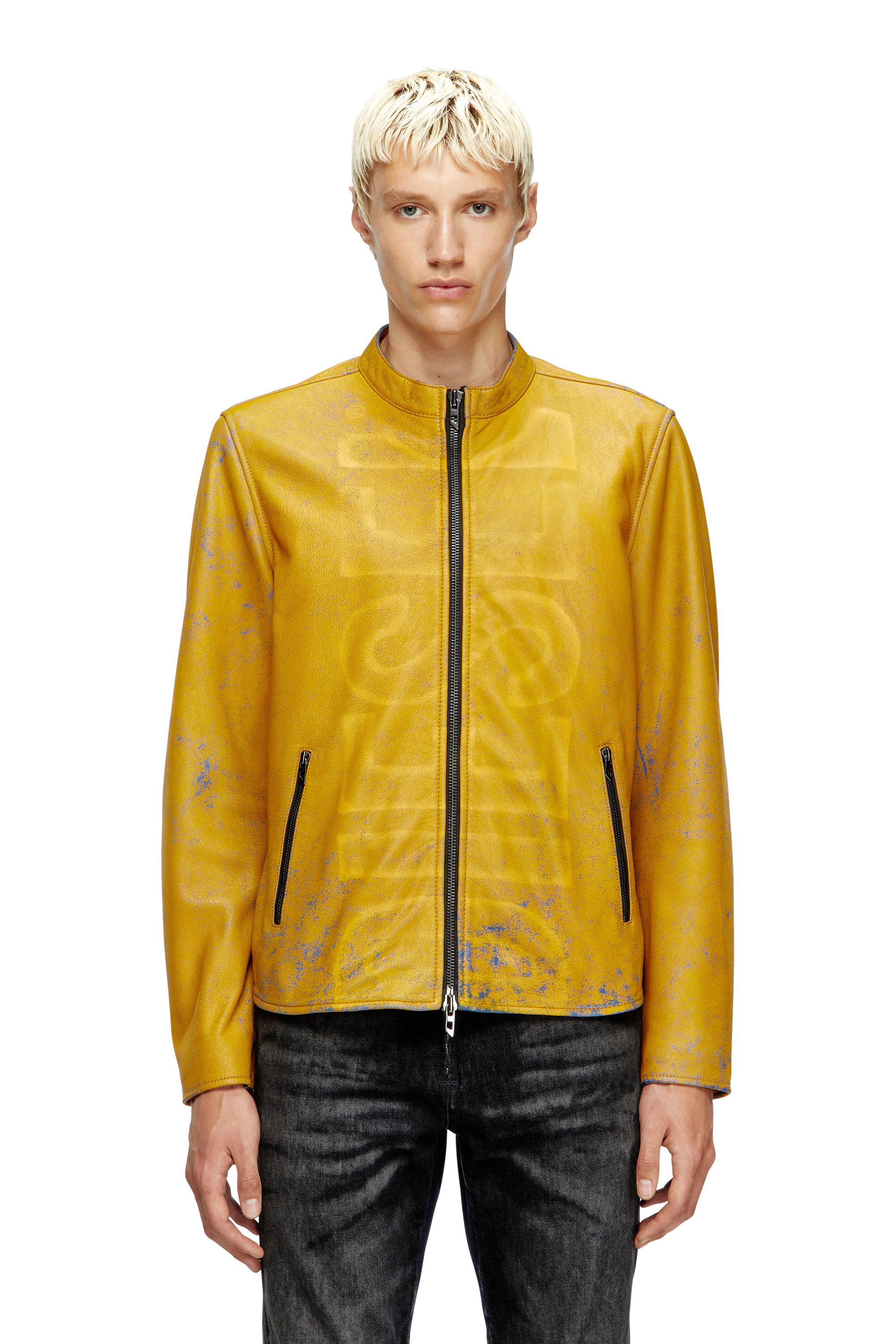 Diesel - L-EVERT-A, Veste de motard en cuir traité avec logo délavé Homme in Jaune - 3