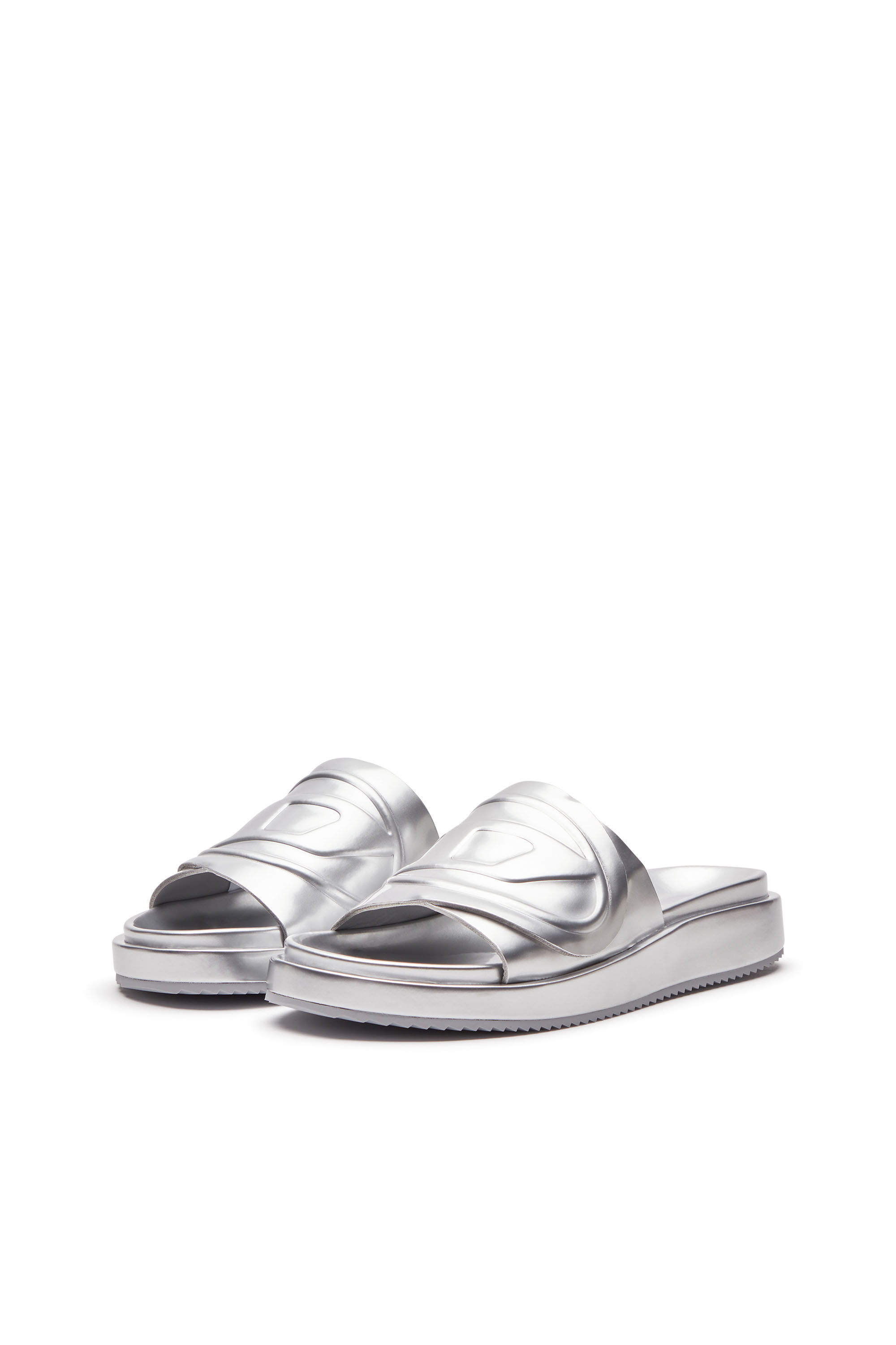 Women s Sa Slide D Metallic slide sandals with Oval D strap Silver Diesel