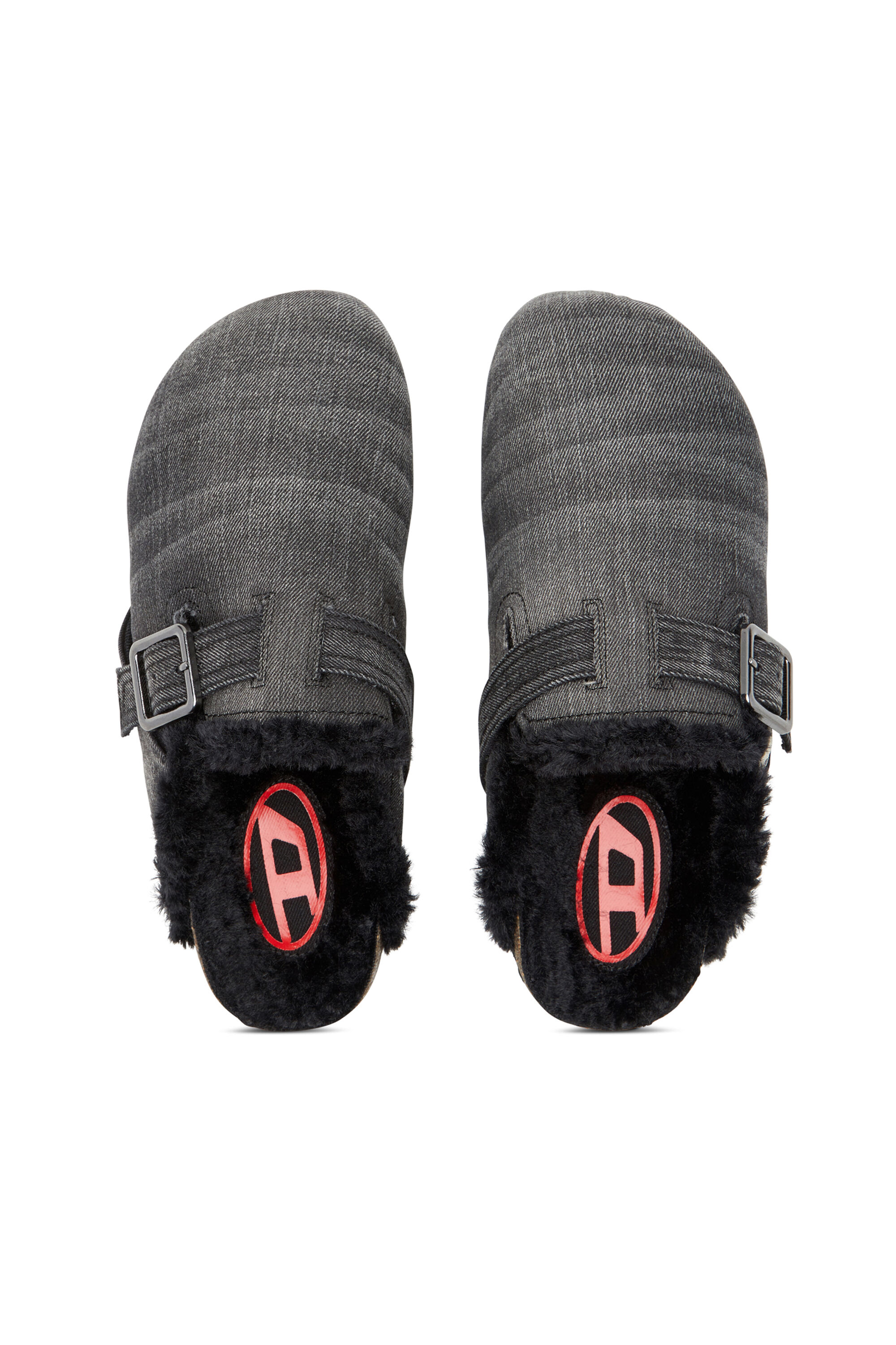 Men's D-Woodstock-Denim mules with fluffy lining | Black
