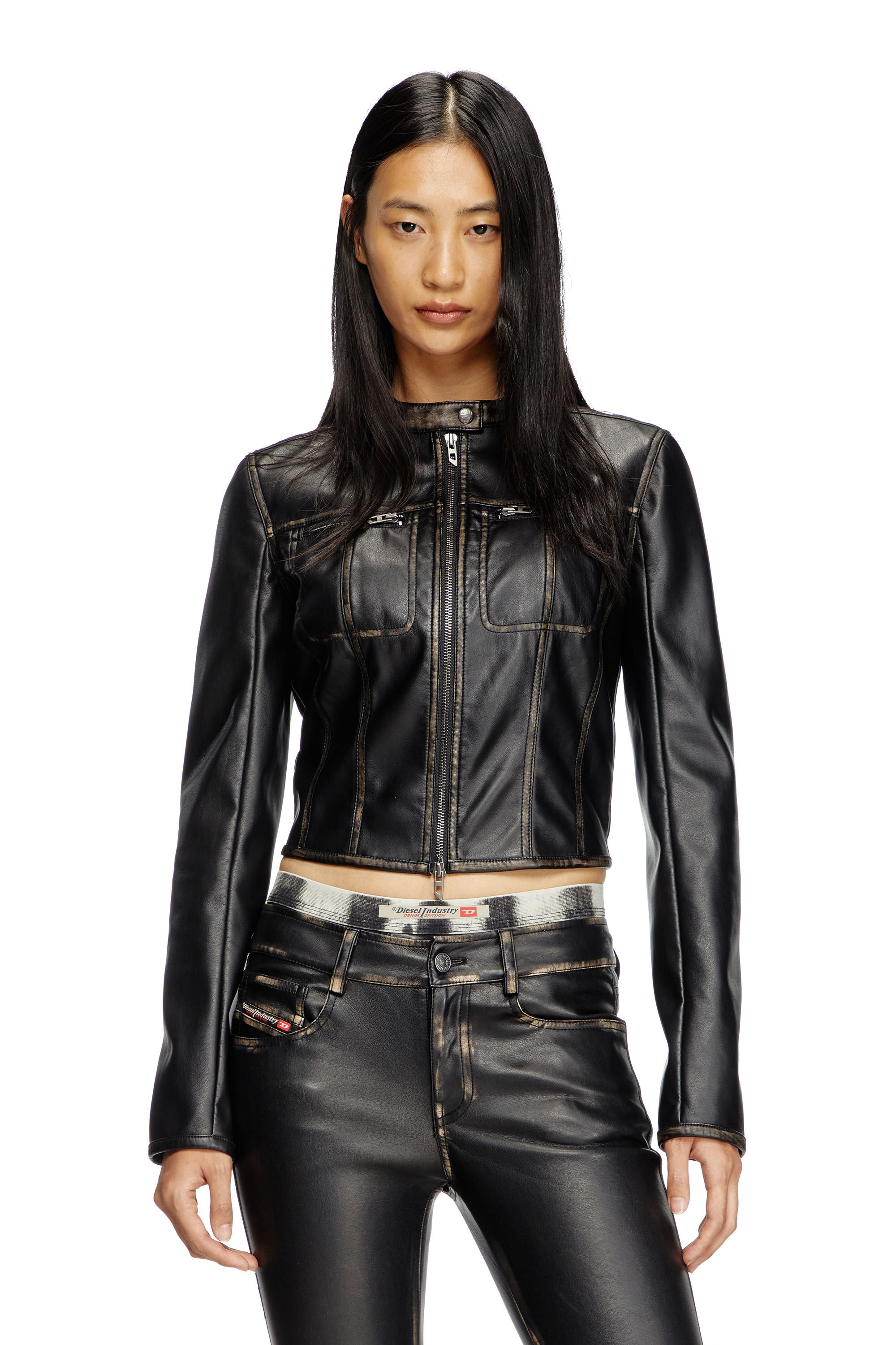 Diesel - G-LOBE, Veste biker crop effet vieilli Femme in Noir - 3