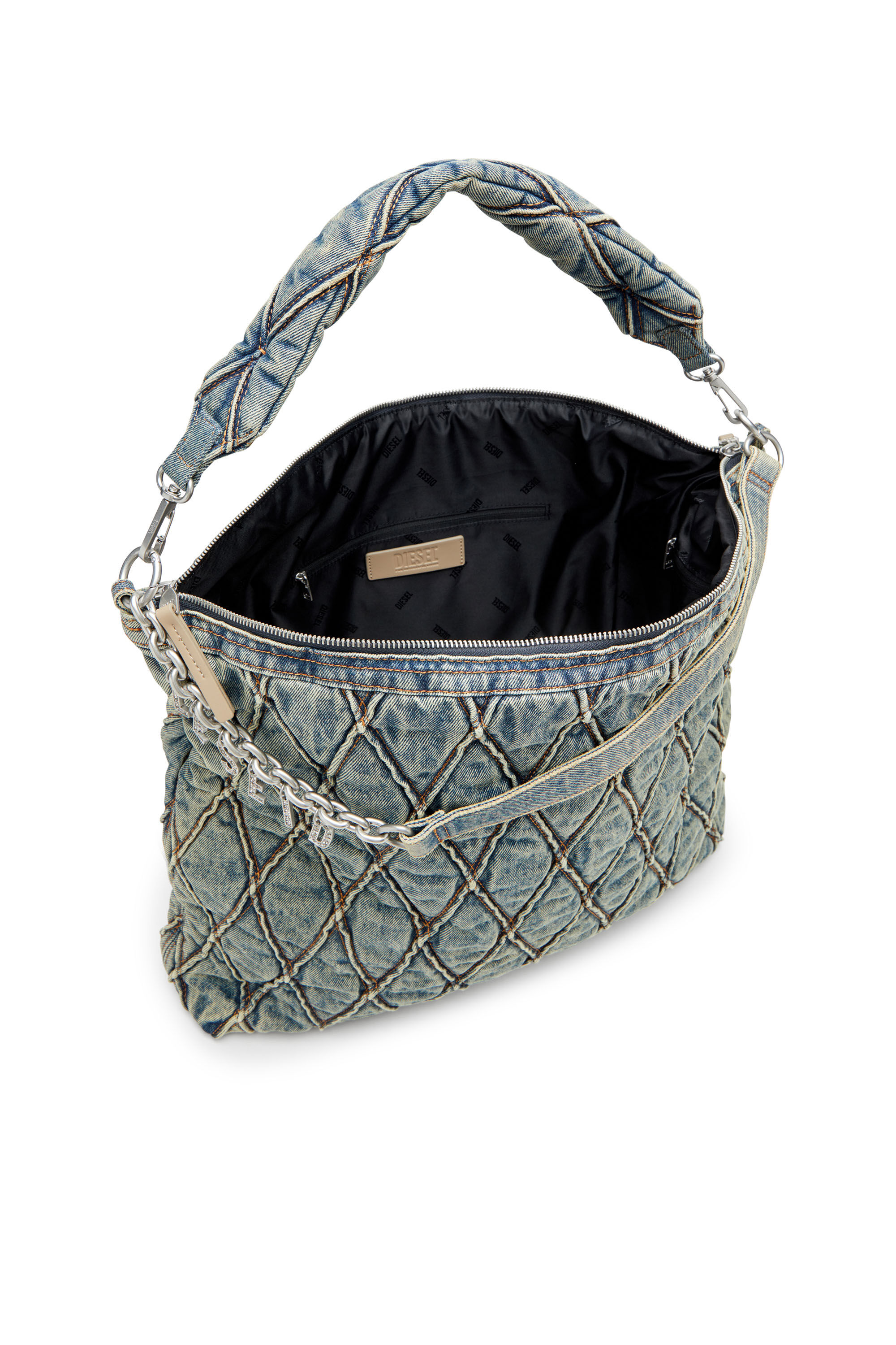 Diesel - CHARM-D HOBO, Charm-D-Grand sac hobo en denim matelassé motif Argyle Femme in Bleu - 2