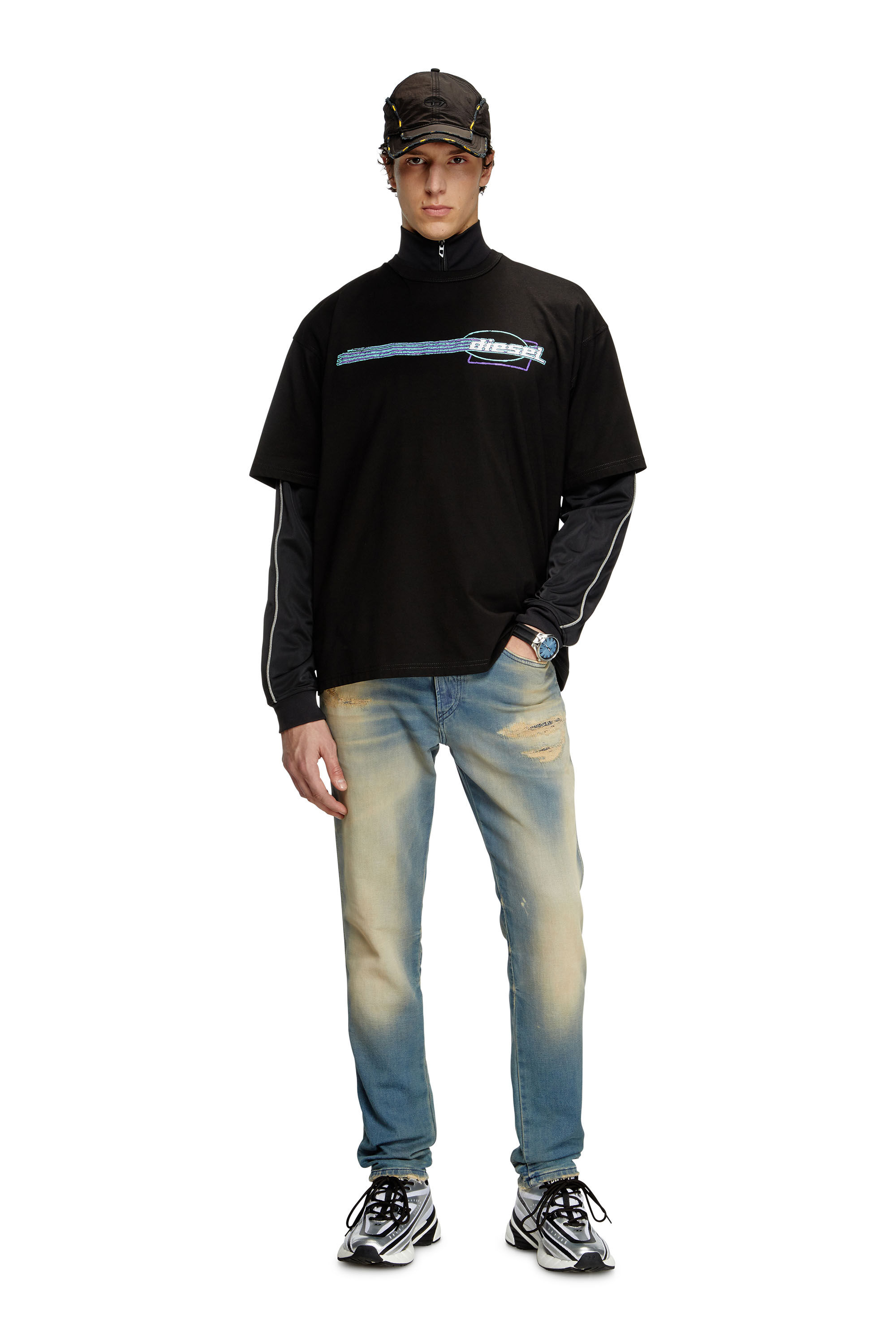 Diesel - T-BOXT-R16, Male's T-shirt with flocked logo graphics in Black - 1
