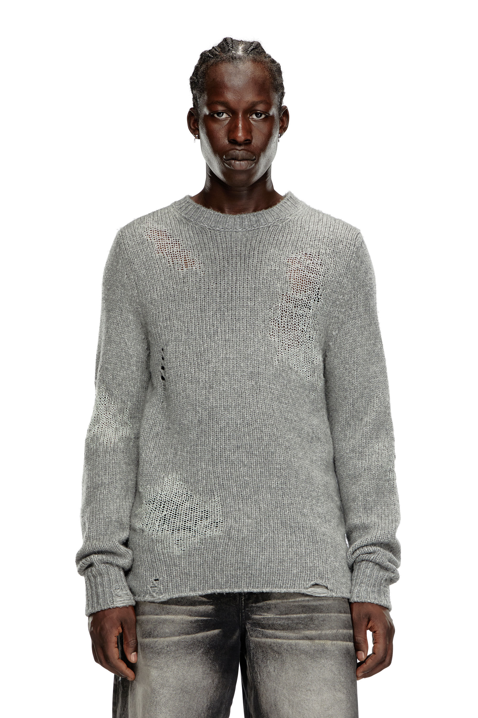 Diesel - K-NORMAN, Male's Distressed jumper in wool blend in Grey - 3