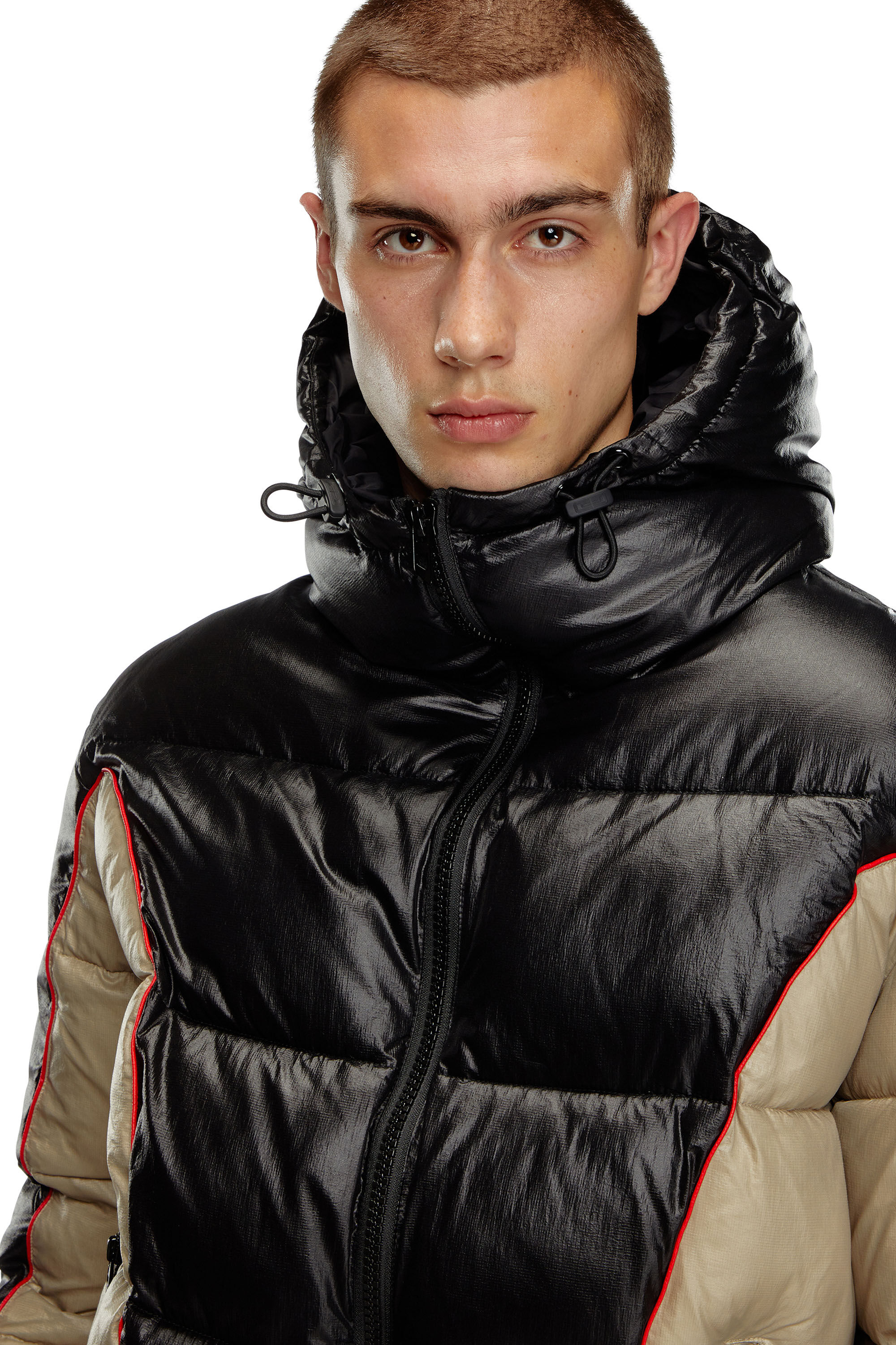 Diesel - W-OSTEND, Male's Hooded puffer jacket in shiny ripstop in Black/Beige - 4