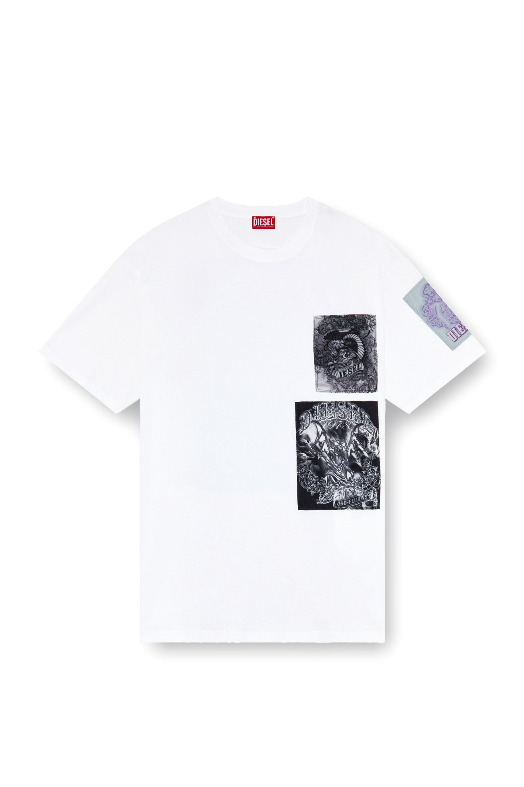 Diesel - T-BOXT-SLITS-Q10, T-shirt avec empiècements imprimés coupés brut Homme in Blanc - 2