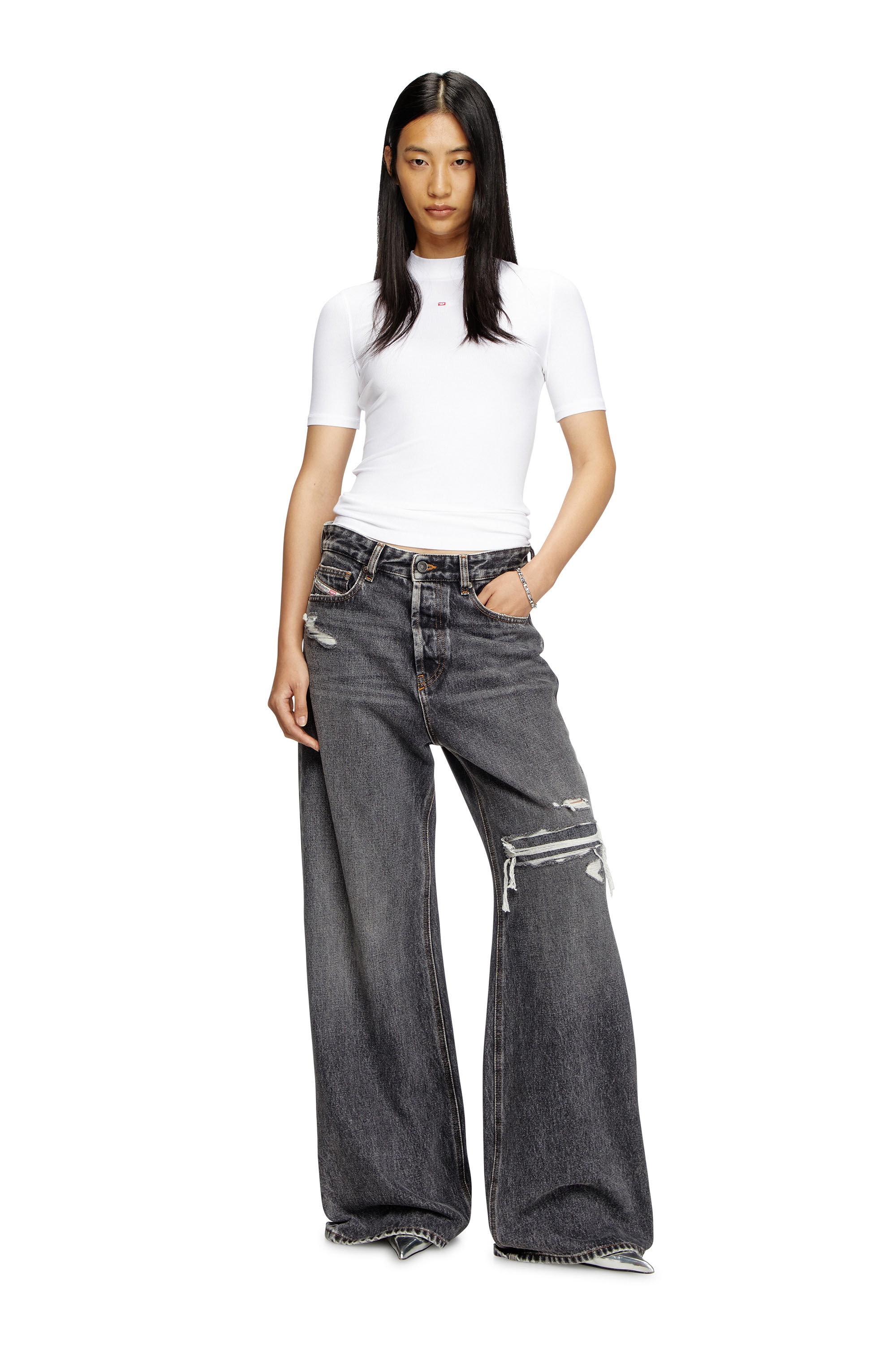 Diesel - T-MOKKY-MICRODIV, Female's Ribbed T-shirt with mock neck in White - 1